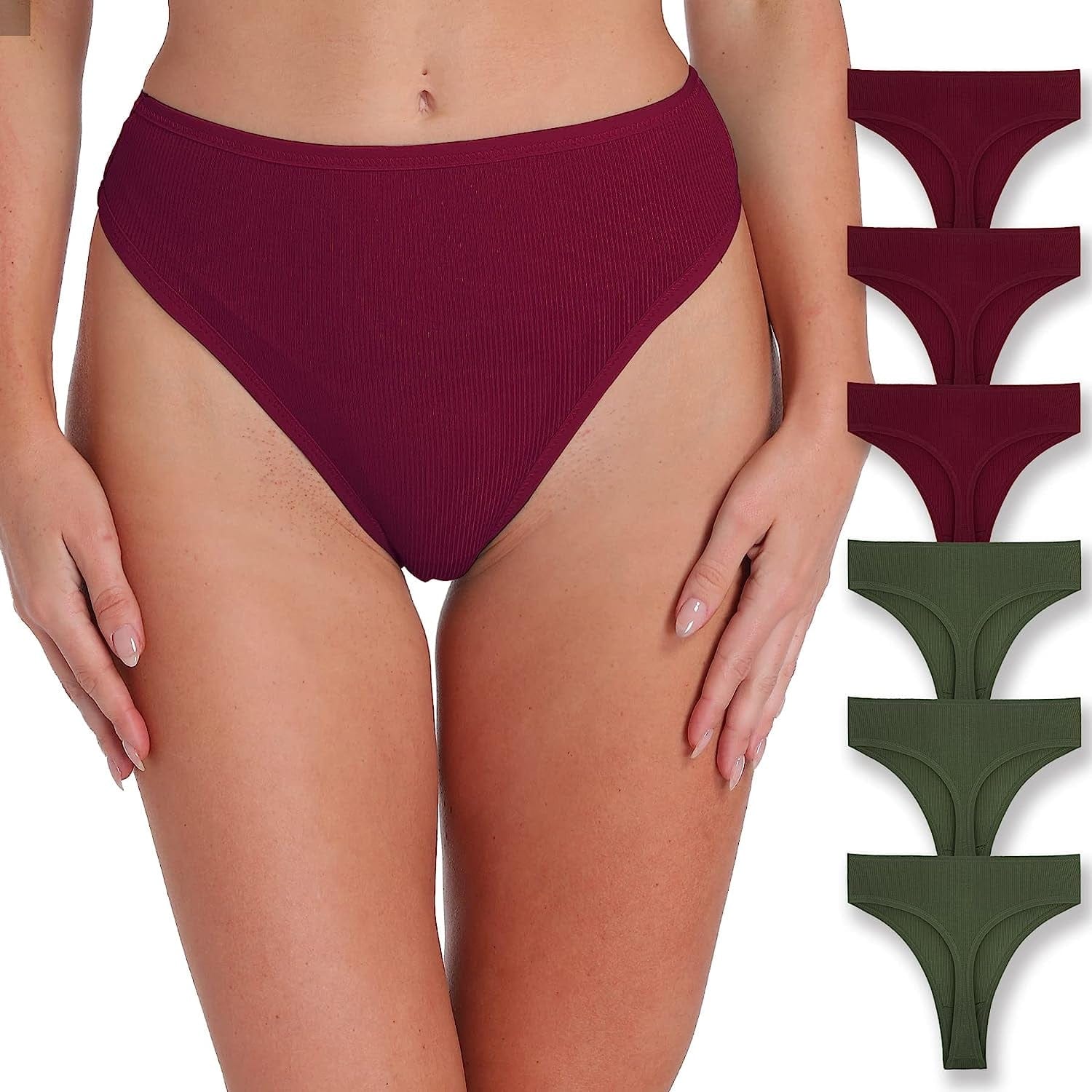 Xlndsoea Women'S High Waisted Ribbed Cotton Thongs Stretchy Sport Panties High Cut Breathable Underwear 6-Pack 3 Green+3 Red / Large