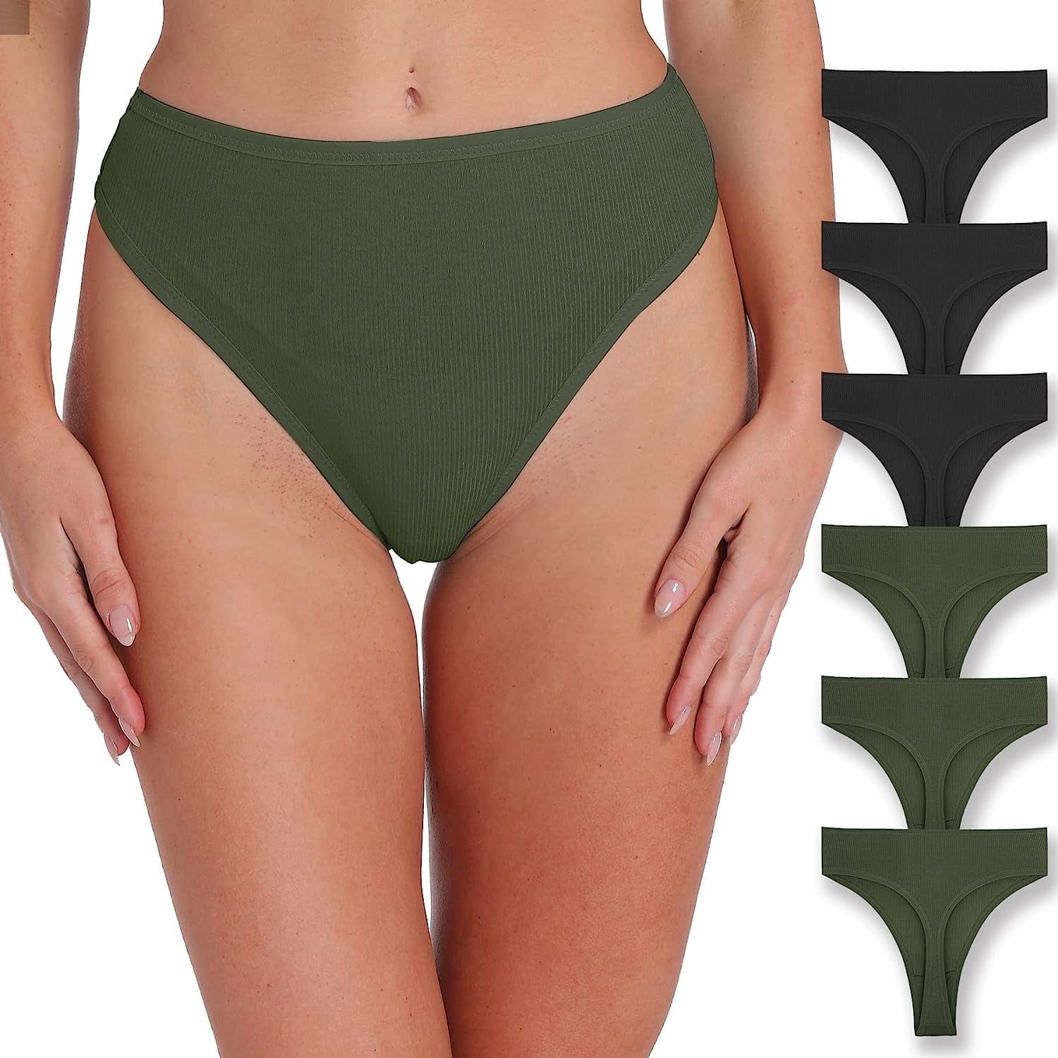 Xlndsoea Women'S High Waisted Ribbed Cotton Thongs Stretchy Sport Panties High Cut Breathable Underwear 6-Pack 3 Black+3 Green / Large