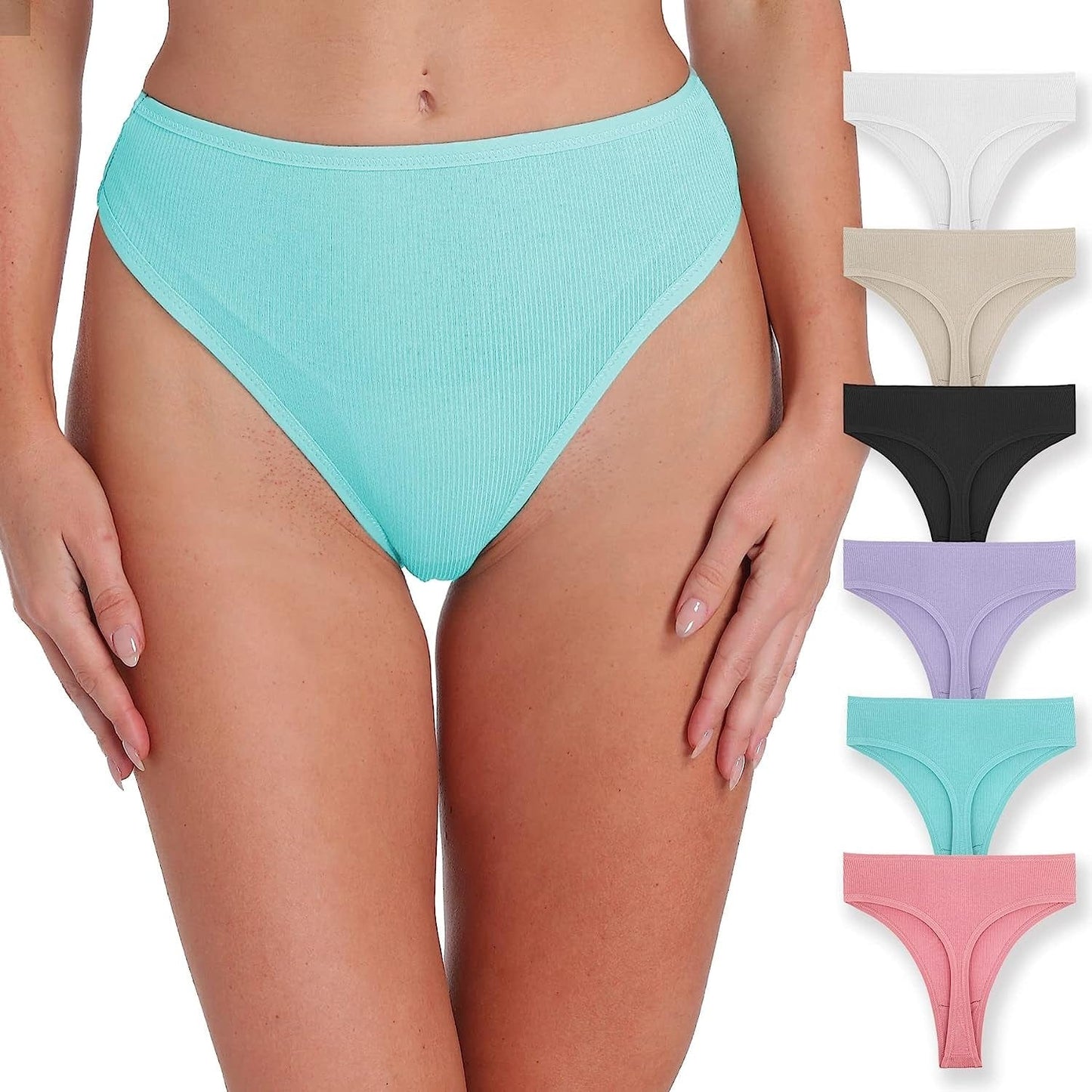 Xlndsoea Women'S High Waisted Ribbed Cotton Thongs Stretchy Sport Panties High Cut Breathable Underwear 6-Pack 6 Psc Cotton Thongs / Medium