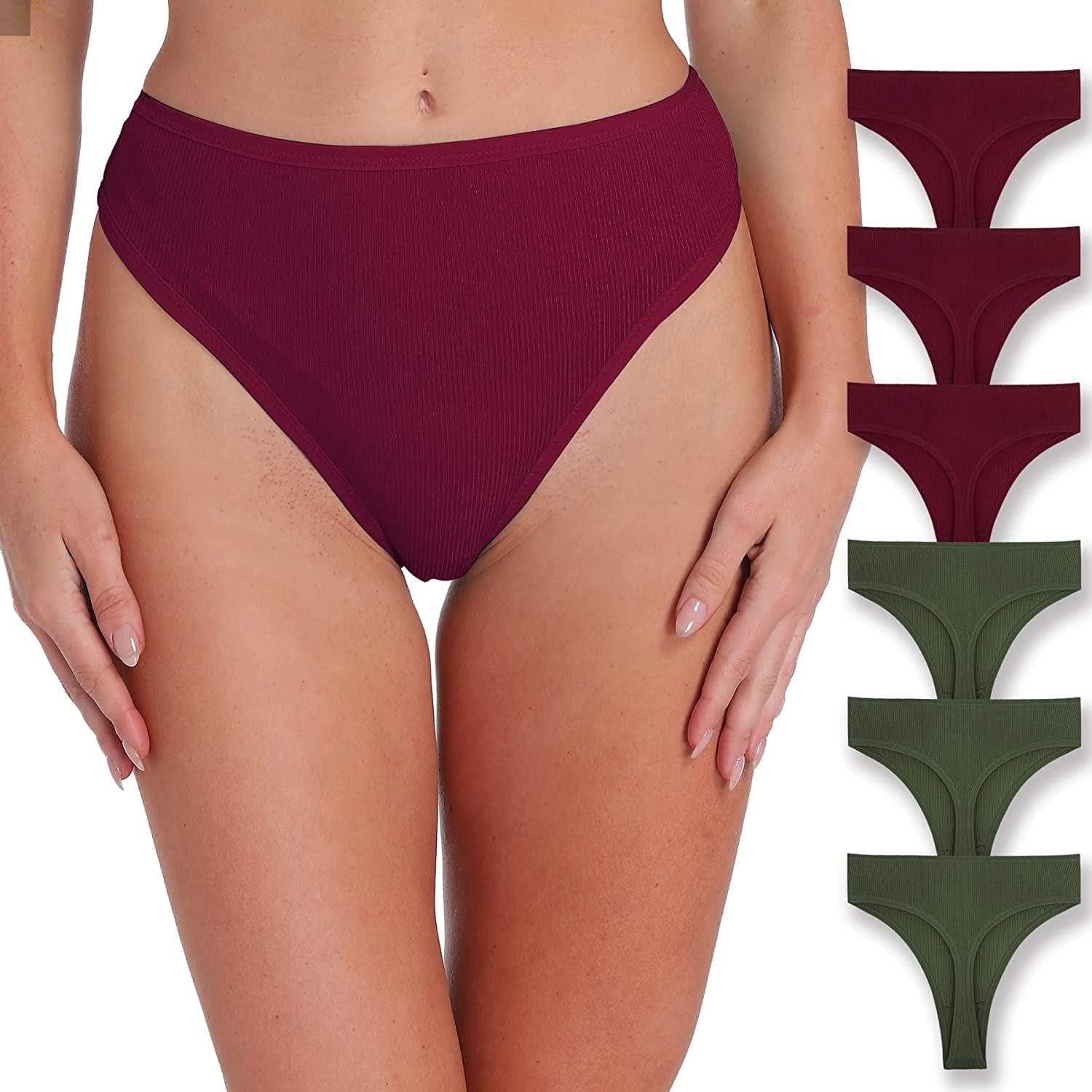 Xlndsoea Women'S High Waisted Ribbed Cotton Thongs Stretchy Sport Panties High Cut Breathable Underwear 6-Pack 3 Green+3 Red / Medium