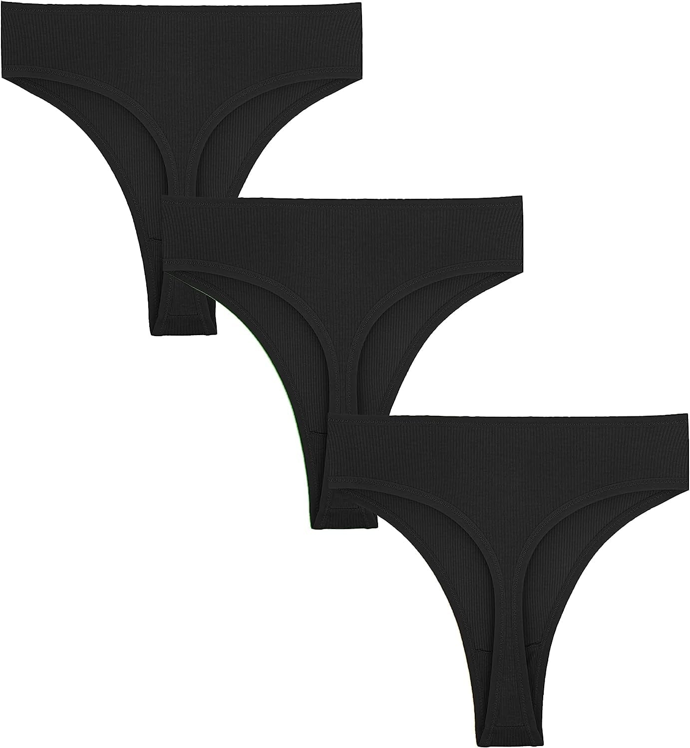 Xlndsoea Women'S High Waisted Ribbed Cotton Thongs Stretchy Sport Panties High Cut Breathable Underwear 6-Pack 3 Black / Medium