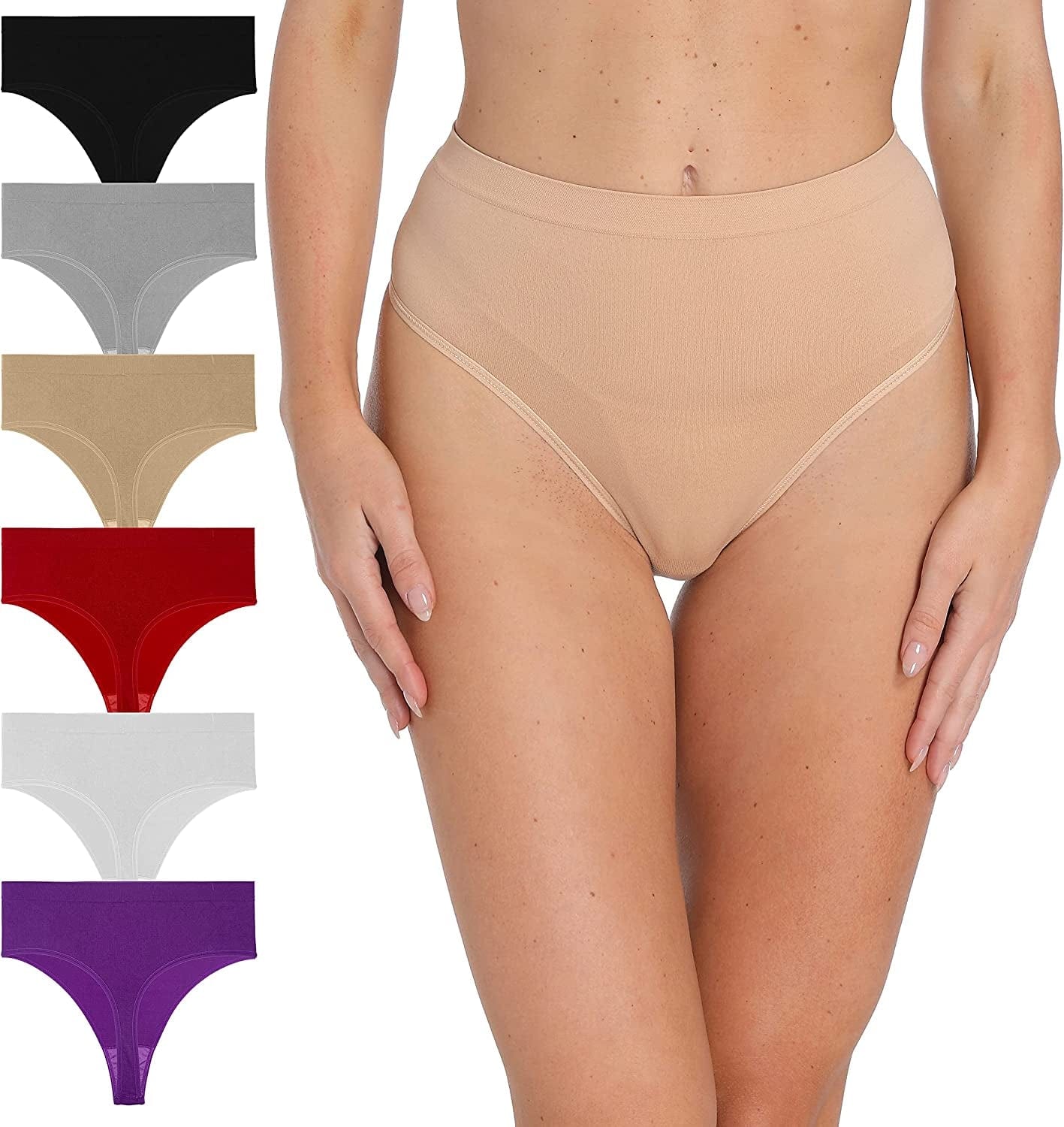 Xlndsoea Women'S High Waisted Ribbed Cotton Thongs Stretchy Sport Panties High Cut Breathable Underwear 6-Pack 6 Pcs Cotton Thong / Large