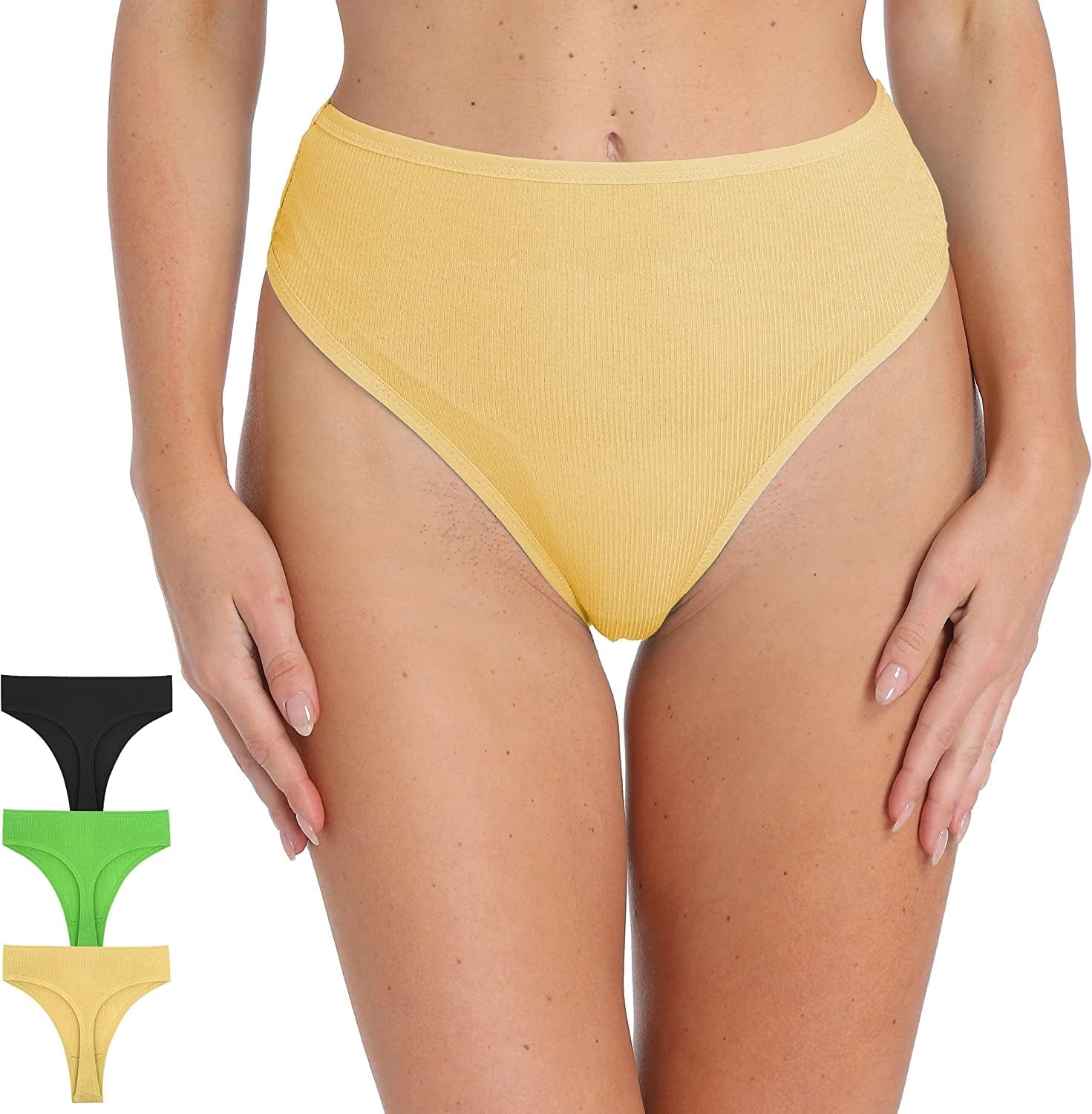 Xlndsoea Women'S High Waisted Ribbed Cotton Thongs Stretchy Sport Panties High Cut Breathable Underwear 6-Pack Black+green+yellow / Large