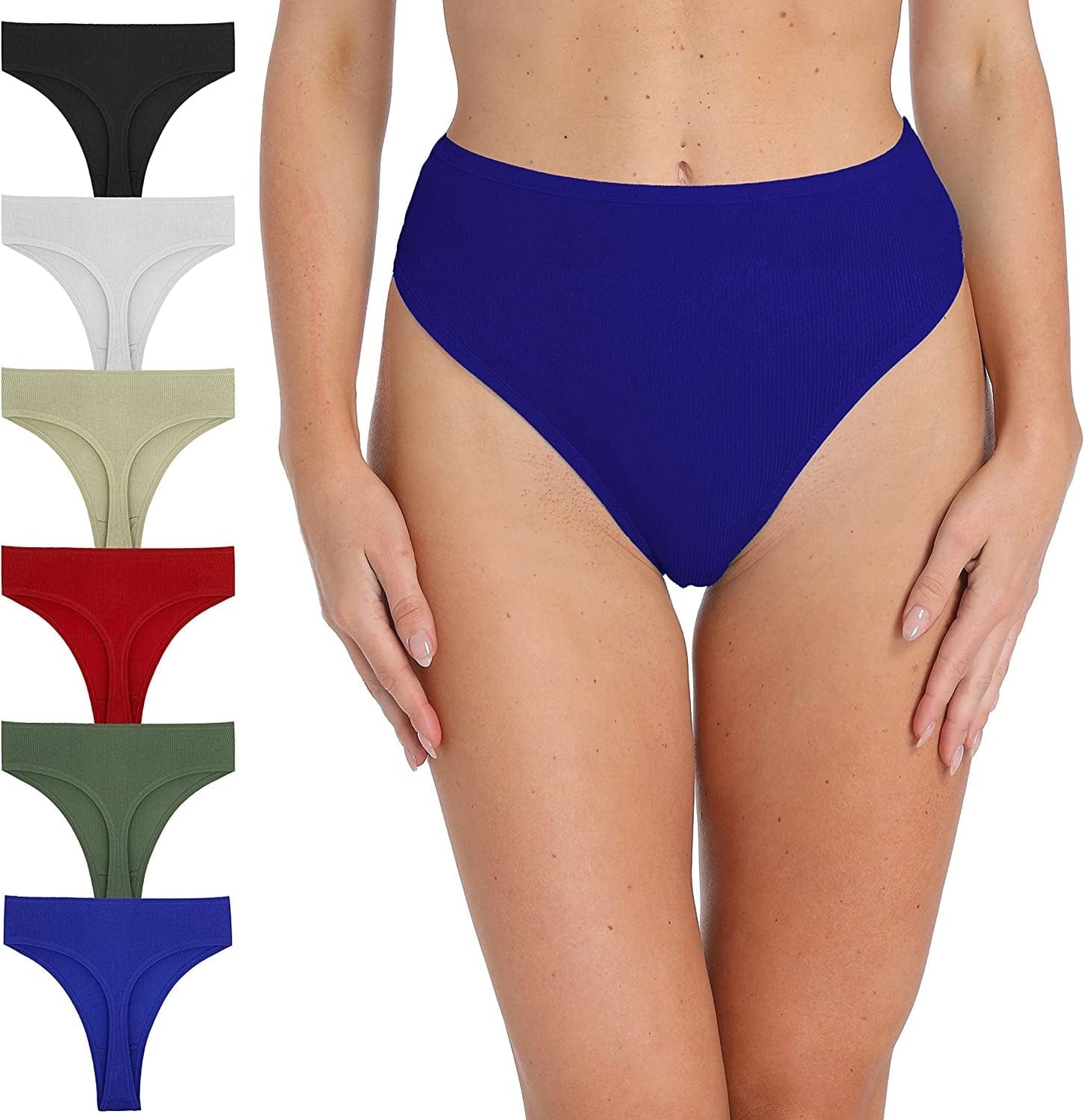 Xlndsoea Women'S High Waisted Ribbed Cotton Thongs Stretchy Sport Panties High Cut Breathable Underwear 6-Pack 6 Pcs Dark Set / Large