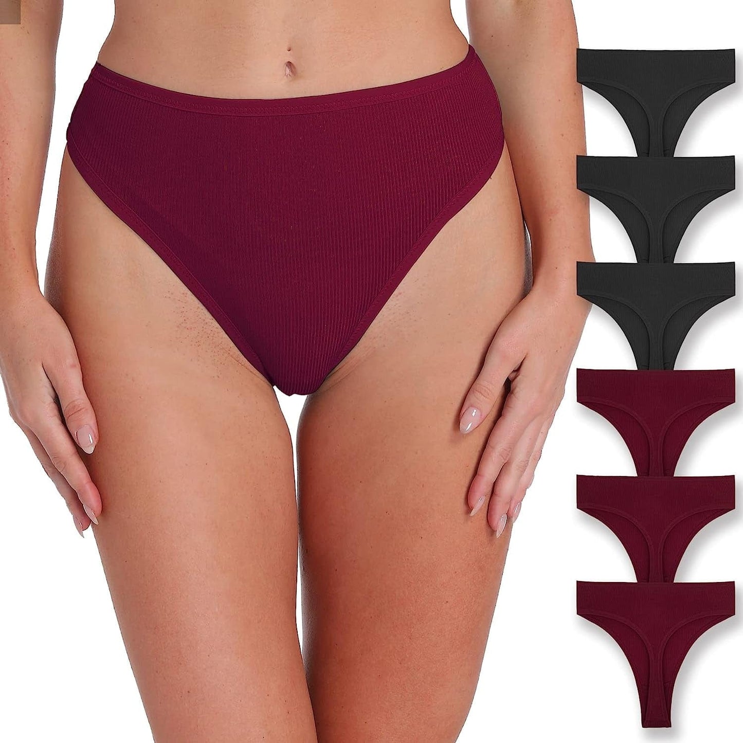 Xlndsoea Women'S High Waisted Ribbed Cotton Thongs Stretchy Sport Panties High Cut Breathable Underwear 6-Pack 3 Black+3 Red / XX-Large