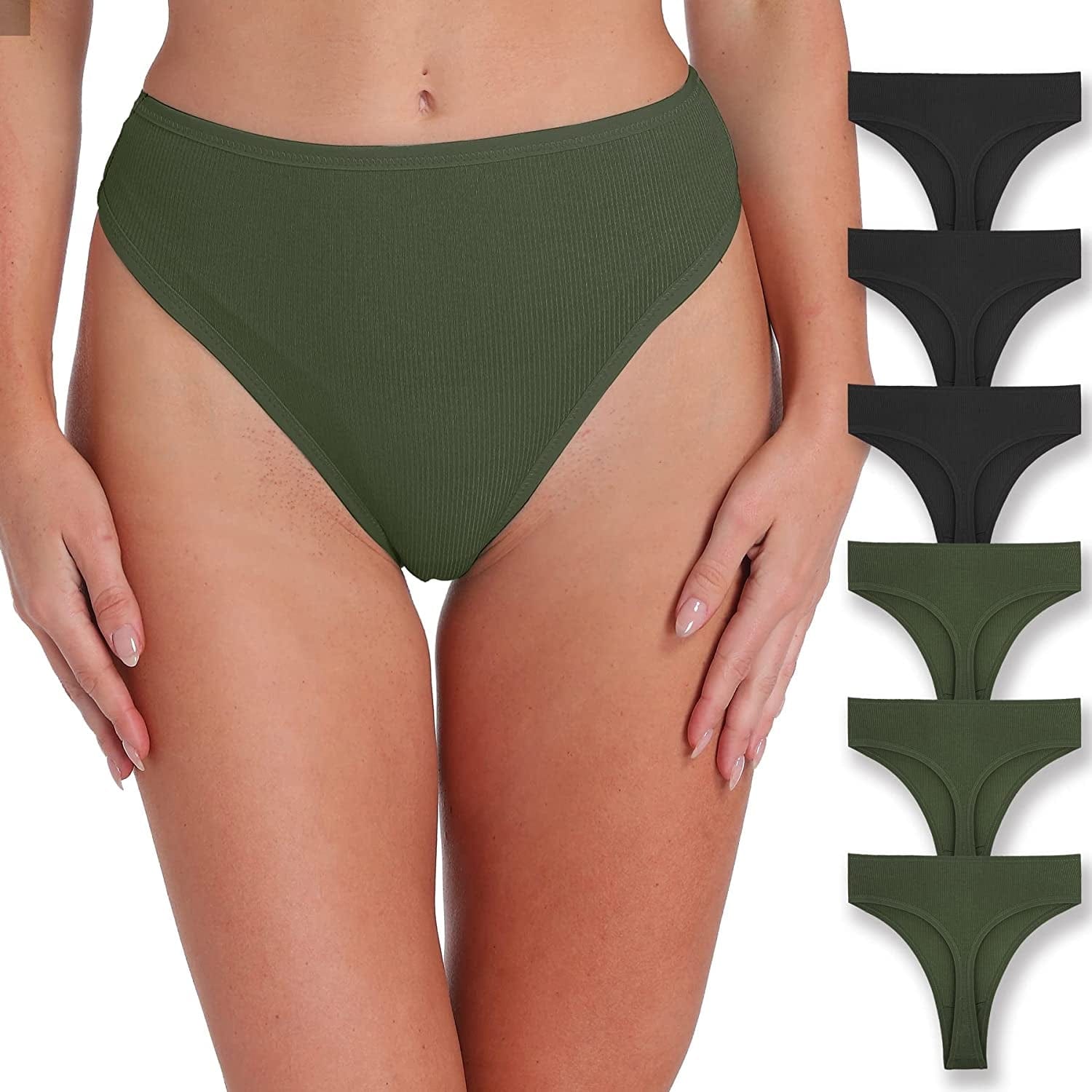 Xlndsoea Women'S High Waisted Ribbed Cotton Thongs Stretchy Sport Panties High Cut Breathable Underwear 6-Pack 3 Black+3 Green / Medium