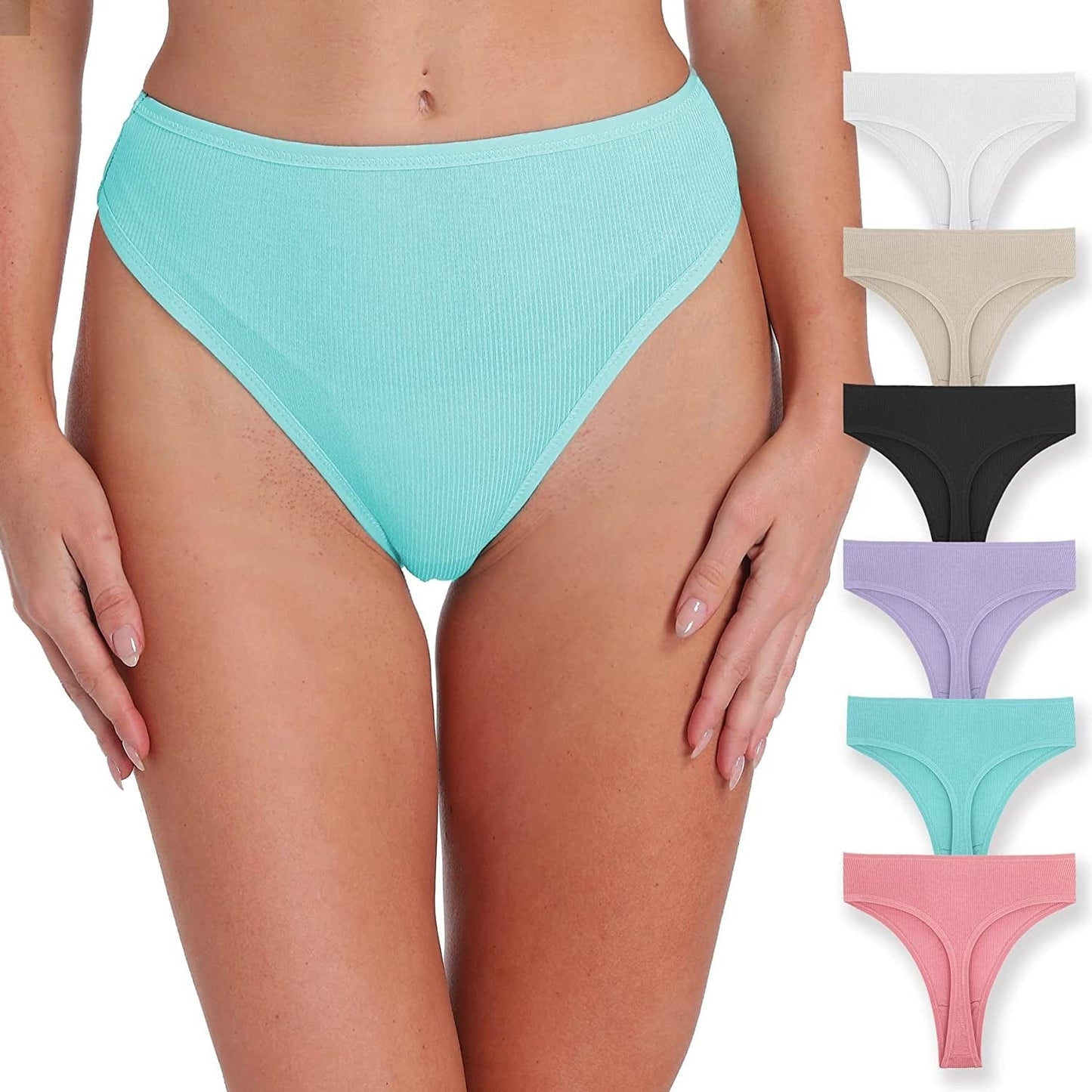 Xlndsoea Women'S High Waisted Ribbed Cotton Thongs Stretchy Sport Panties High Cut Breathable Underwear 6-Pack 6 Psc Cotton Thongs / Large