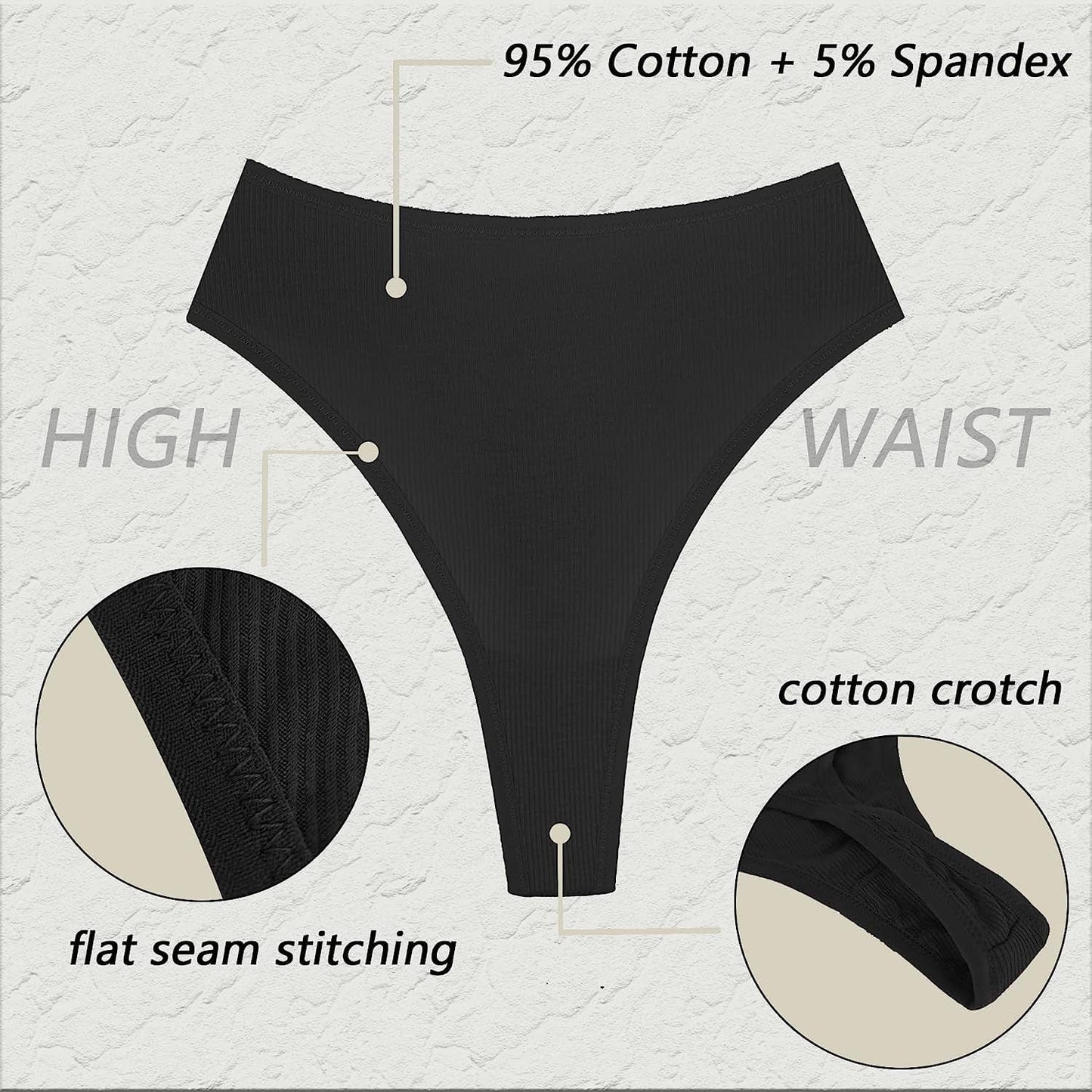 Xlndsoea Women'S High Waisted Ribbed Cotton Thongs Stretchy Sport Panties High Cut Breathable Underwear 6-Pack