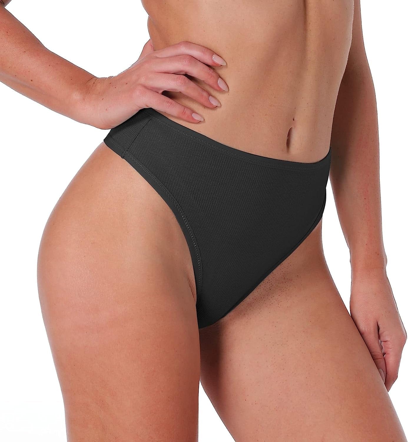 Xlndsoea Women'S High Waisted Ribbed Cotton Thongs Stretchy Sport Panties High Cut Breathable Underwear 6-Pack