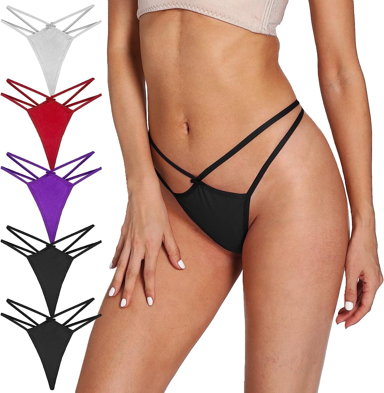 Xlndsoea Women'S Sexy Hollowed Out G-Strings Low Waisted Cotton Thong Panties Soft Exotic Underwear Multi Packs B 2 Black + 1 White + 1 Red + 1 Purple / Small