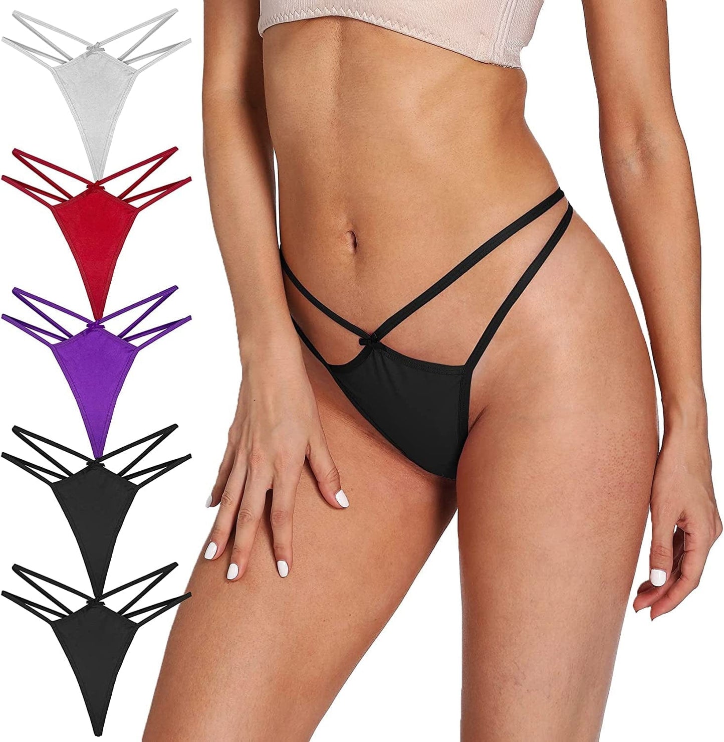 Xlndsoea Women'S Sexy Hollowed Out G-Strings Low Waisted Cotton Thong Panties Soft Exotic Underwear Multi Packs B 2 Black + 1 White + 1 Red + 1 Purple / X-Large
