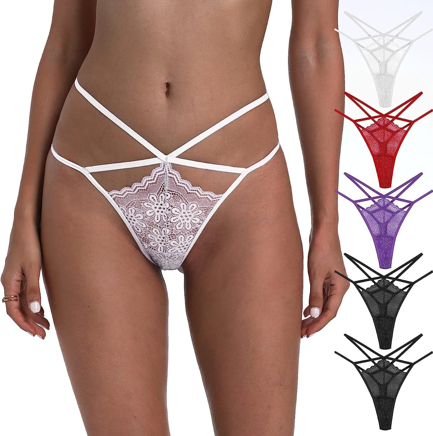 Xlndsoea Women'S Sexy Hollowed Out G-Strings Low Waisted Cotton Thong Panties Soft Exotic Underwear Multi Packs C 2 Black + 1 White + 1 Red + 1 Purple / X-Large