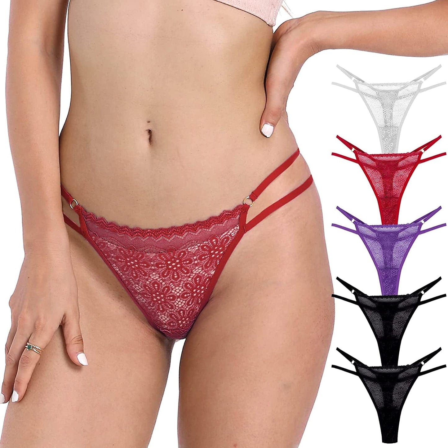 Xlndsoea Women'S Sexy Hollowed Out G-Strings Low Waisted Cotton Thong Panties Soft Exotic Underwear Multi Packs D 2 Black + 1 White + 1 Red + 1 Purple / X-Large