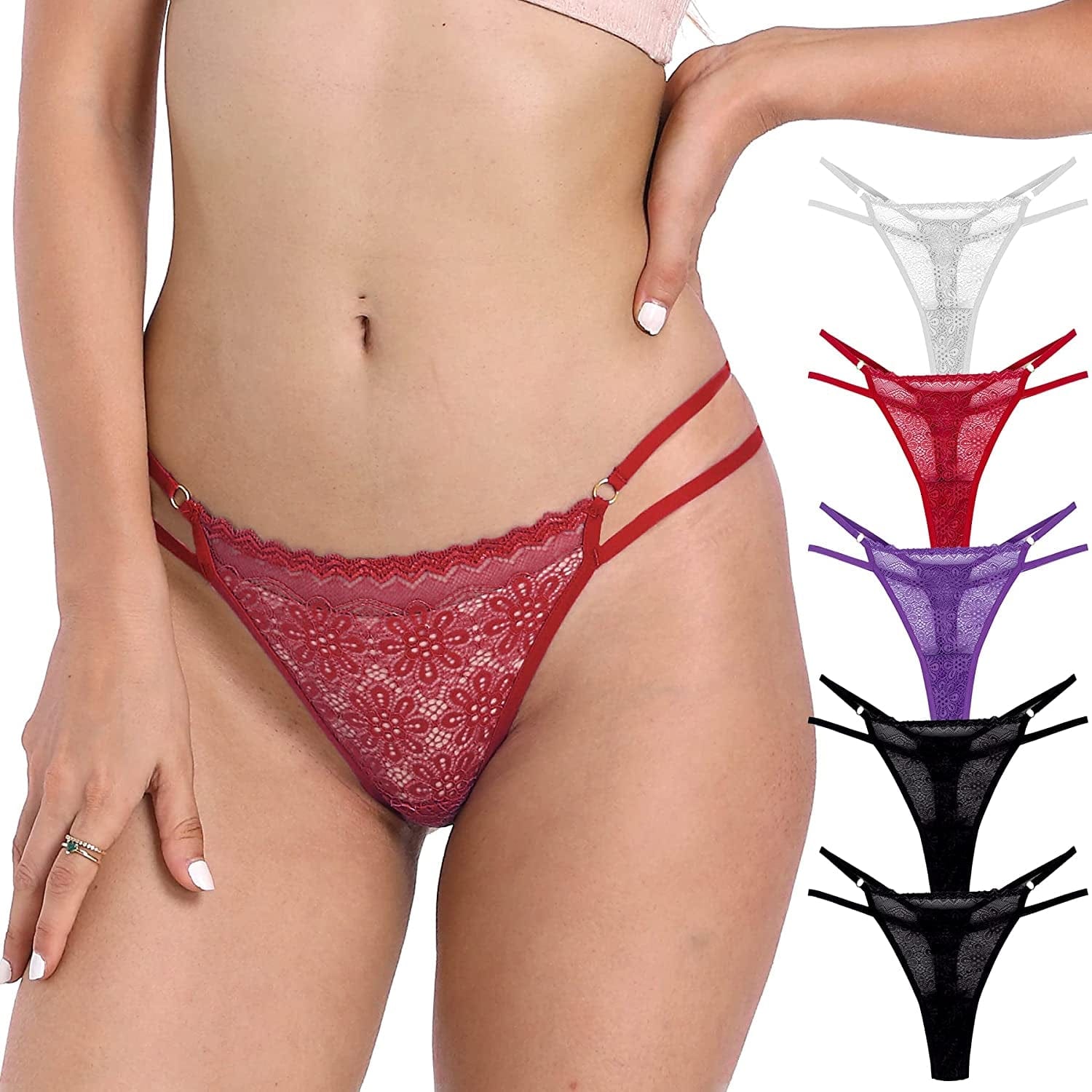 Xlndsoea Women'S Sexy Hollowed Out G-Strings Low Waisted Cotton Thong Panties Soft Exotic Underwear Multi Packs D 2 Black + 1 White + 1 Red + 1 Purple / X-Large