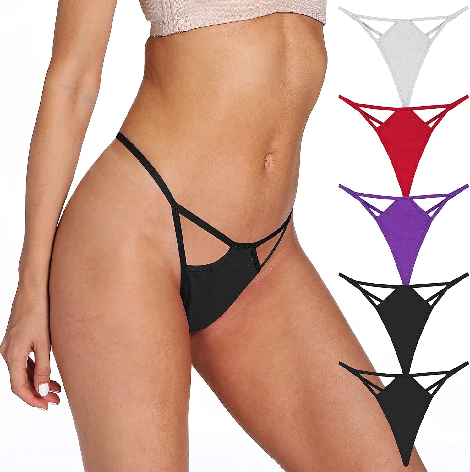 Xlndsoea Women'S Sexy Hollowed Out G-Strings Low Waisted Cotton Thong Panties Soft Exotic Underwear Multi Packs A 2 Black + 1 White + 1 Red + 1 Purple / X-Large