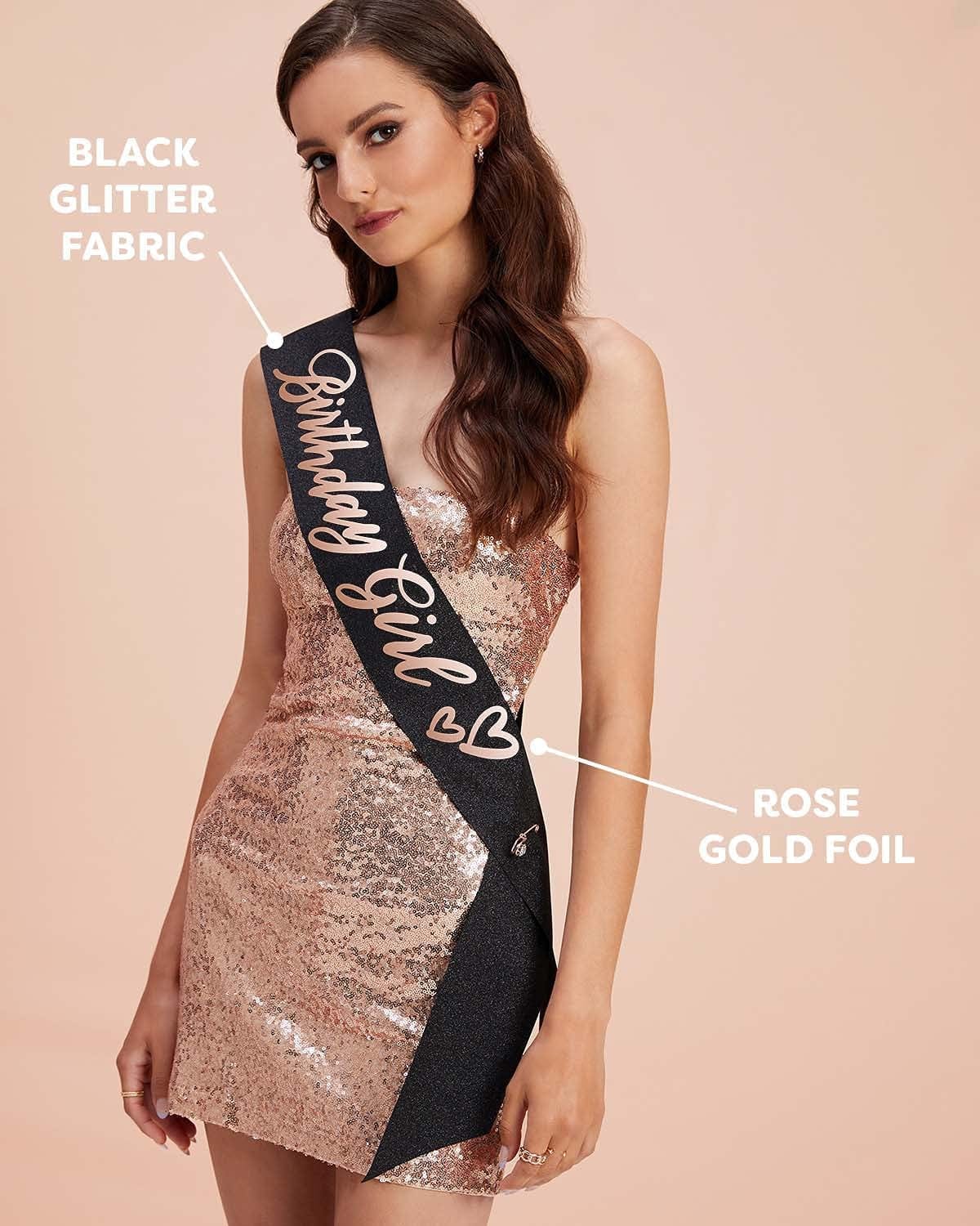 Xo, Fetti Birthday Girl Sash - Black Glitter + Rose Gold Foil | Birthday Party Decorations - 16Th, 21St, 30Th, 40Th, 50Th, Birthday Queen Apparel & Accessories > Clothing Accessories > Sashes xo, Fetti