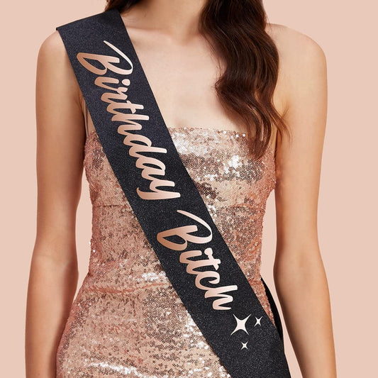 Xo, Fetti Birthday Sash for Women - Black Glitter + Rose Gold Foil | Birthday Decorations - 21St, 30Th, Birthday Girl Apparel & Accessories > Clothing Accessories > Sashes xo, Fetti