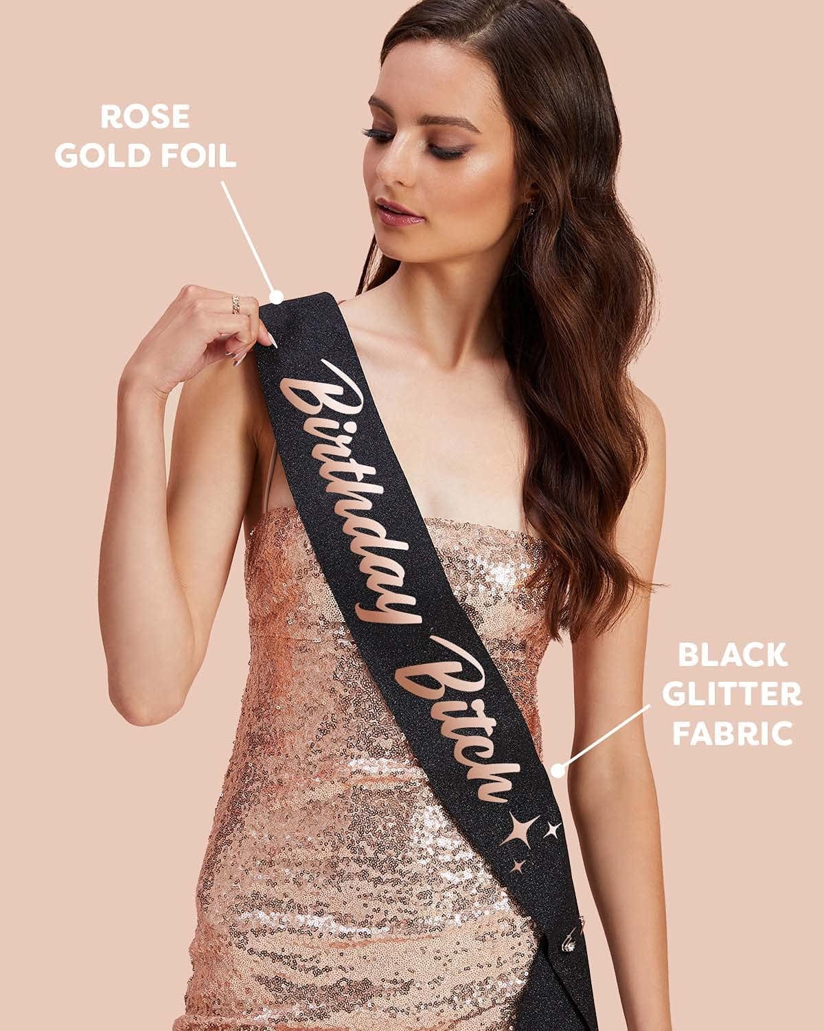 Xo, Fetti Birthday Sash for Women - Black Glitter + Rose Gold Foil | Birthday Decorations - 21St, 30Th, Birthday Girl Apparel & Accessories > Clothing Accessories > Sashes xo, Fetti