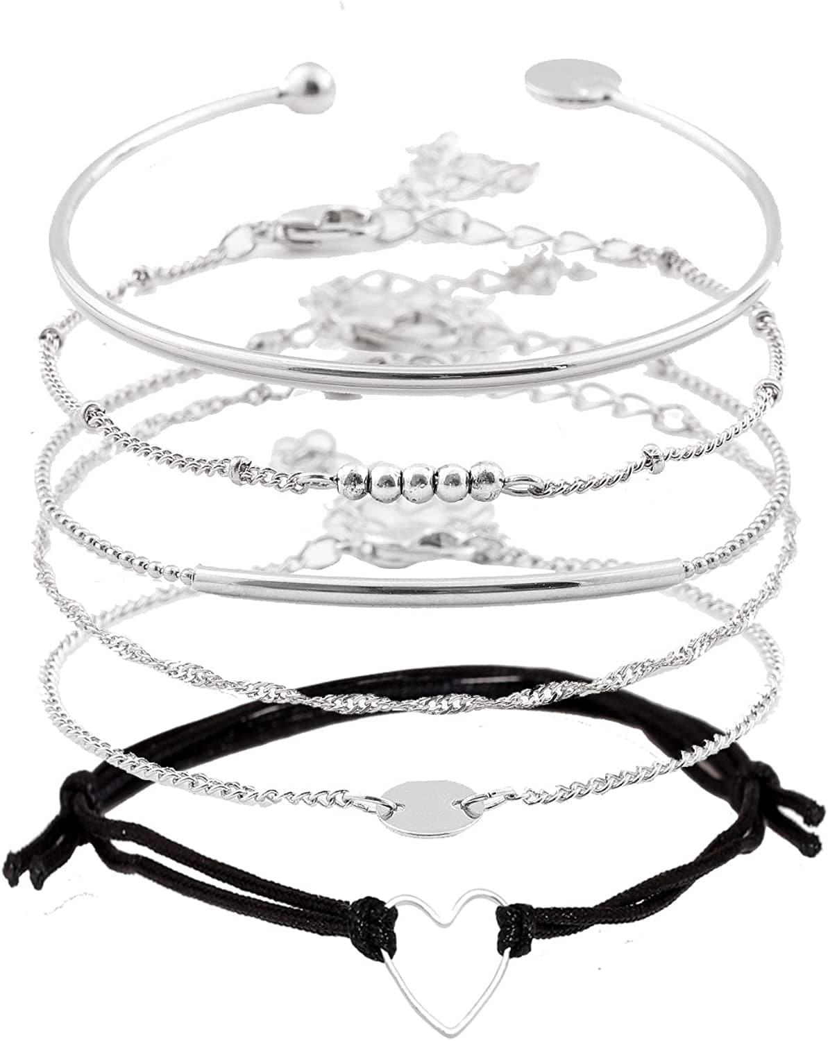 XOCARTIGE Layered Bracelet Set Assorted Beaded Bracelet Multiple Stackable Wrap Bangle Jewelry Adjustable Apparel & Accessories > Jewelry > Bracelets XOCARTIGE Silver