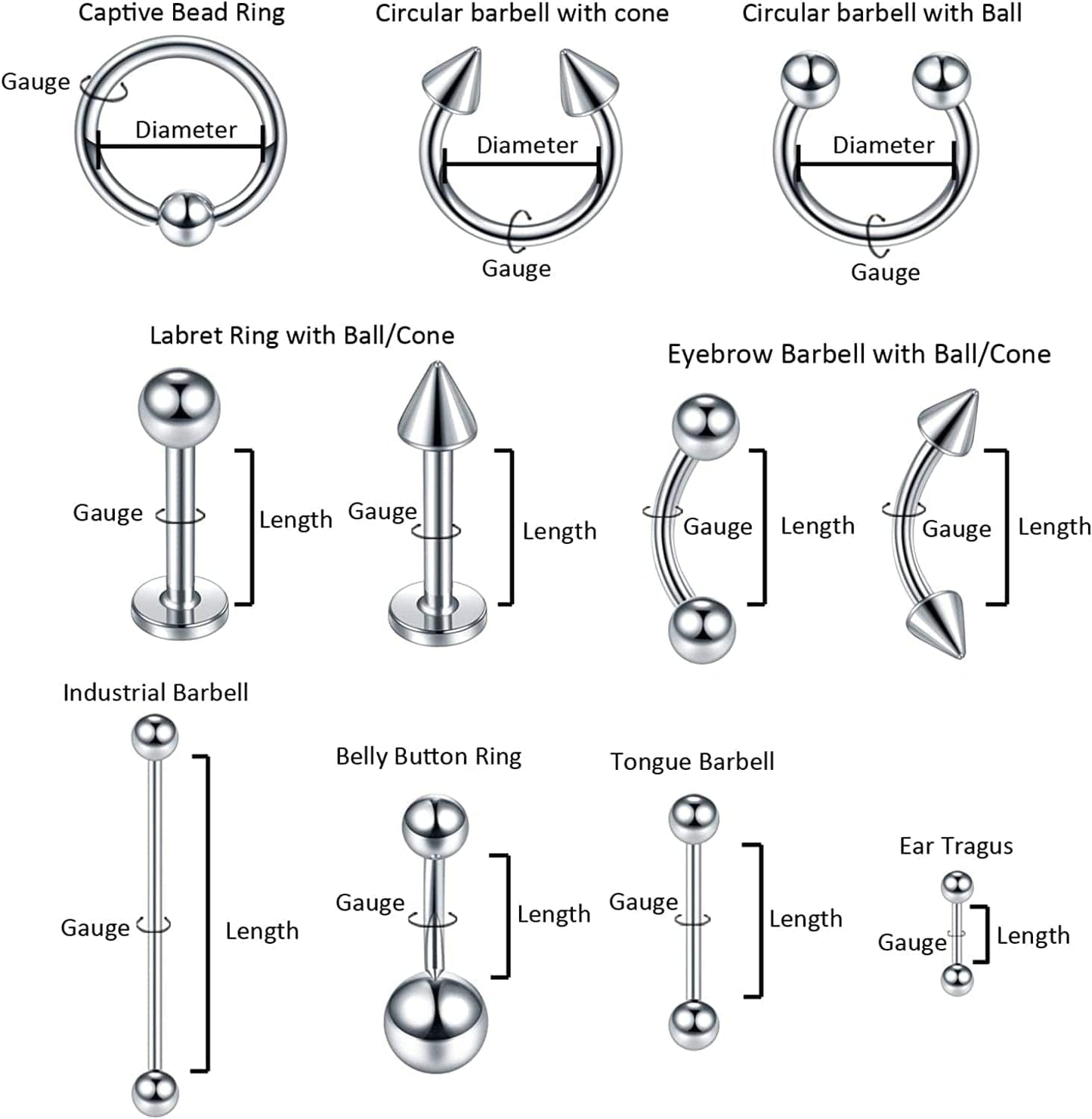 Xpircn 120PCS Piercing Kit Stainless Steel Acrylic 14G 16G Nose Septum Horseshoe Lip Tongue Eyebrow Tragus Belly Tongue Nipple Barbell Rings Piercing Jewelry Kit Tool Apparel & Accessories > Jewelry > Body Jewelry Xpircn