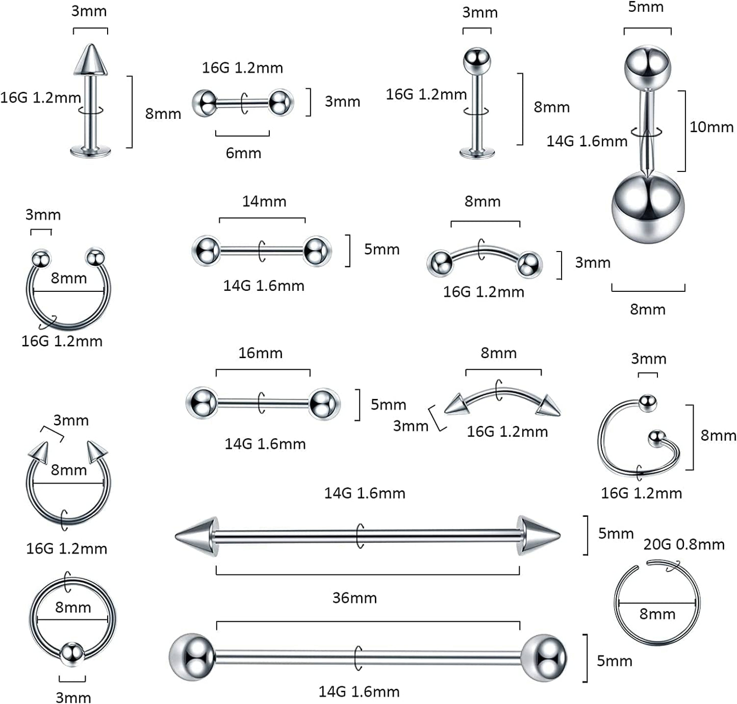 Xpircn 150PCS Piercing Kit Jewelry Stainless Steel Lip Nose Tongue Tragus Cartilage Daith Eeybrow Belly Button Rings Body Piercing Tools 14G 16G 20G Apparel & Accessories > Jewelry > Body Jewelry Xpircn