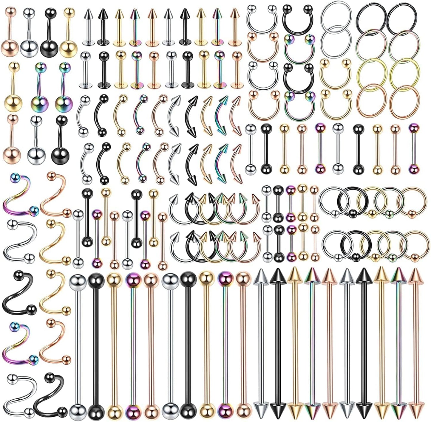 Xpircn 150PCS Piercing Kit Jewelry Stainless Steel Lip Nose Tongue Tragus Cartilage Daith Eeybrow Belly Button Rings Body Piercing Tools 14G 16G 20G Apparel & Accessories > Jewelry > Body Jewelry Xpircn Mixed Color