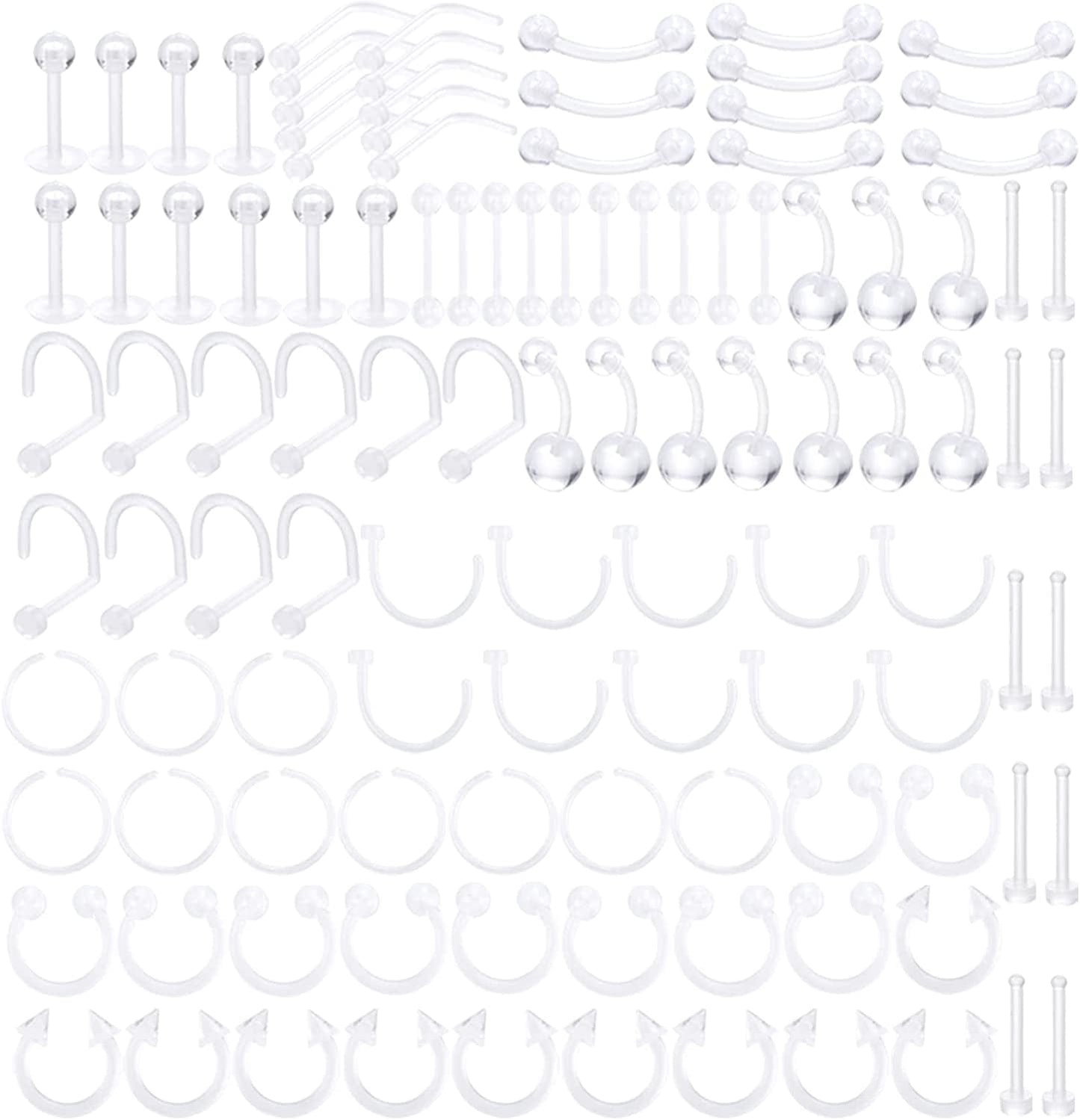 Xpircn Piercing Kit Stainless Steel Bioflex Lip Nose Tongue Tragus Cartilage Daith Eeybrow Belly Button Rings Body Piercing Jewelry 14G 16G 20G Apparel & Accessories > Jewelry > Body Jewelry Xpircn Implant Acrylic, Clear, 100PCS