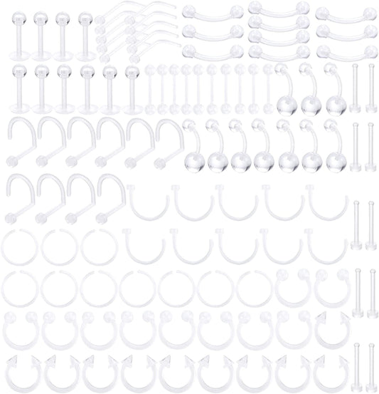 Xpircn Piercing Kit Stainless Steel Bioflex Lip Nose Tongue Tragus Cartilage Daith Eeybrow Belly Button Rings Body Piercing Jewelry 14G 16G 20G Apparel & Accessories > Jewelry > Body Jewelry Xpircn Implant Acrylic, Clear, 100PCS