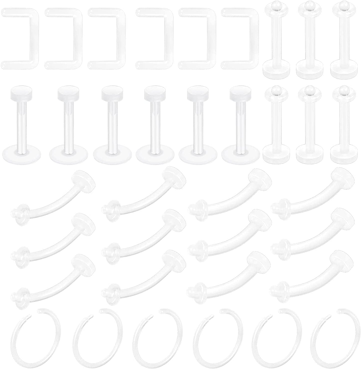 Xpircn Piercing Kit Stainless Steel Bioflex Lip Nose Tongue Tragus Cartilage Daith Eeybrow Belly Button Rings Body Piercing Jewelry 14G 16G 20G Apparel & Accessories > Jewelry > Body Jewelry Xpircn Implant Acrylic, Clear, 36PCS
