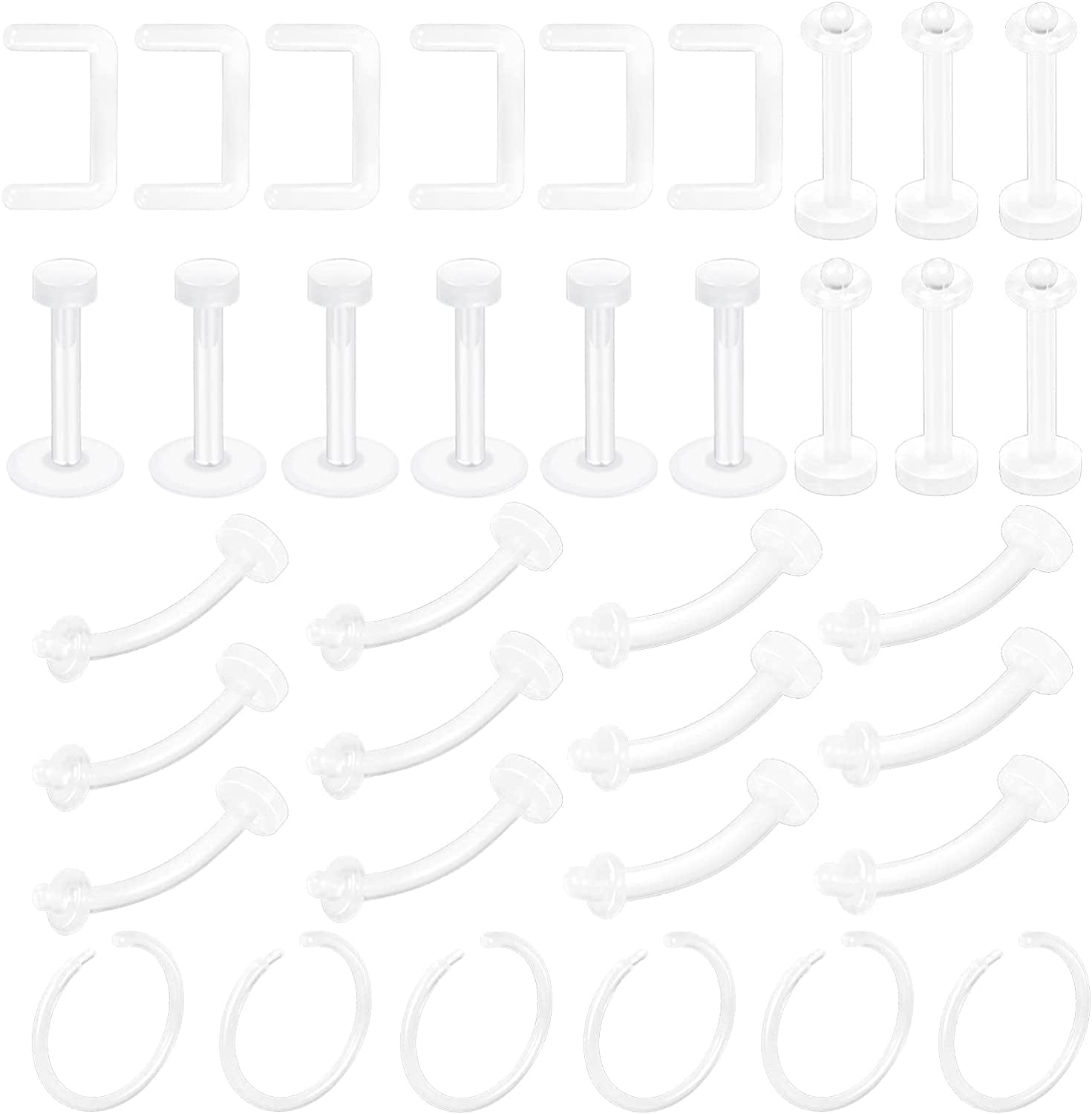 Xpircn Piercing Kit Stainless Steel Bioflex Lip Nose Tongue Tragus Cartilage Daith Eeybrow Belly Button Rings Body Piercing Jewelry 14G 16G 20G Apparel & Accessories > Jewelry > Body Jewelry Xpircn Implant Acrylic, Clear, 36PCS