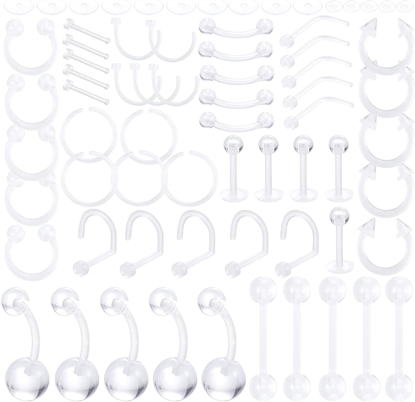 Xpircn Piercing Kit Stainless Steel Bioflex Lip Nose Tongue Tragus Cartilage Daith Eeybrow Belly Button Rings Body Piercing Jewelry 14G 16G 20G Apparel & Accessories > Jewelry > Body Jewelry Xpircn Implant Acrylic, Clear, 70PCS