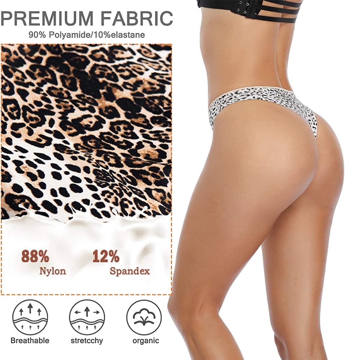 XS-XL Seamless, Soft, Spandex Stretchy Nylon Leopard Print Animal Print Thongs for Women