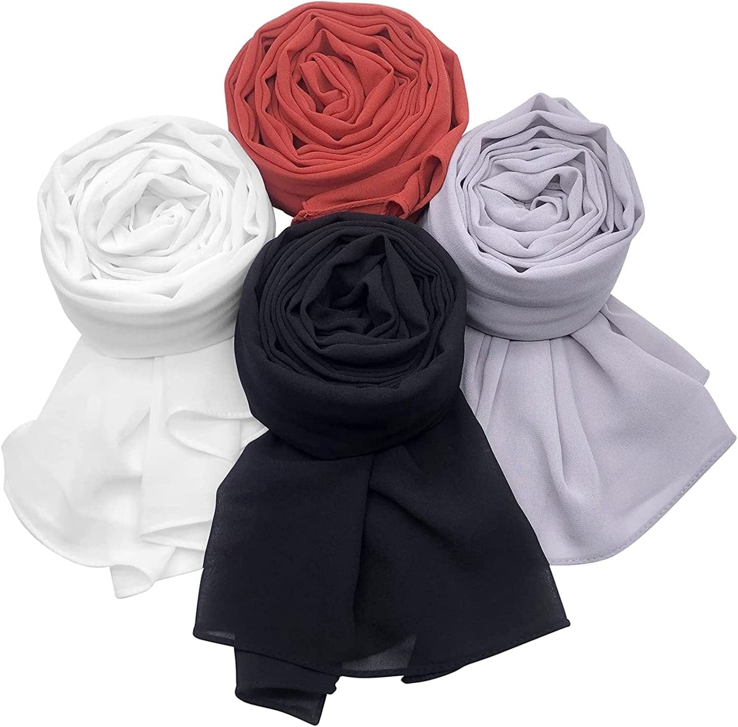 XXUOD 4 Pcs Women Soft Chiffon Scarves Shawl Long Scarf Wrap Scarves Head Wraps. Apparel & Accessories > Clothing Accessories > Scarves & Shawls XXUOD Black, White, Gray, Orangey Red.
