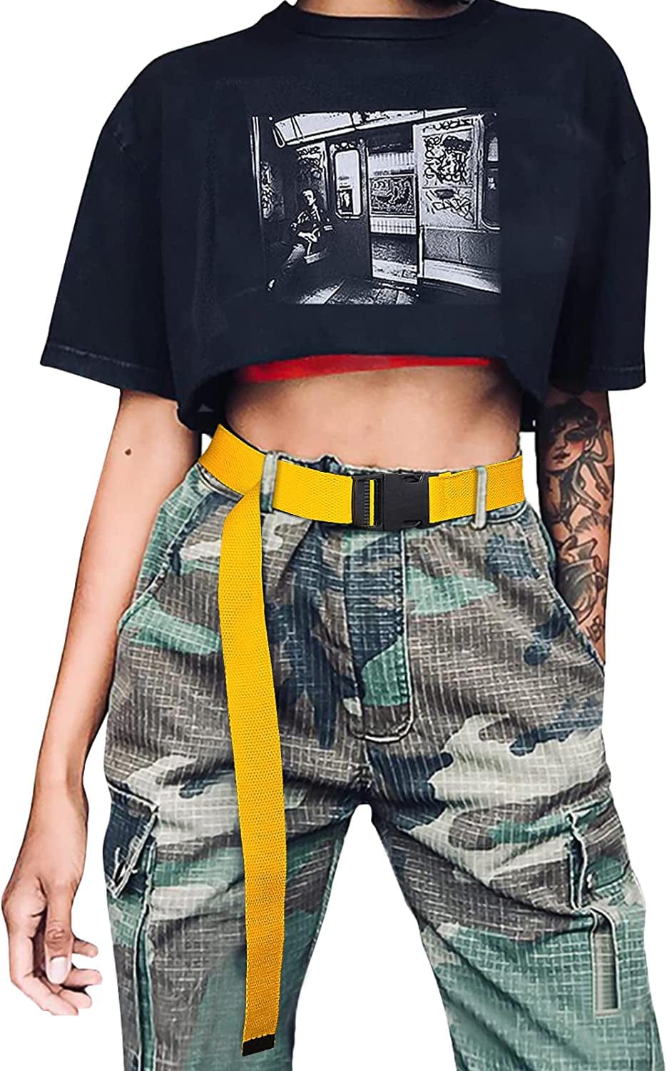 XZQTIVE Canvas Web Belt for Women, Cool Cargo Belt with Plastic Buckle, Hip Hop Streetwear Style Waist Belt for Dress Apparel & Accessories > Clothing Accessories > Belts XZQTIVE 03 Yellow 120cm:Pant upto 38"