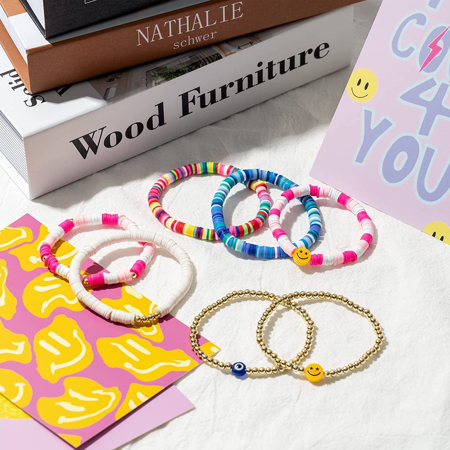 Y1Tvei 7Pcs Heishi Surfer Bracelets Set Colorful Preppy Happy Smile Evil Eye Beaded Stretch Bracelets Clay Stackable Boho Disc Bracelets Y2K Kidcore Aesthetic Summer Beach Jewelry for Women Girls Apparel & Accessories > Jewelry > Bracelets Y1tvei