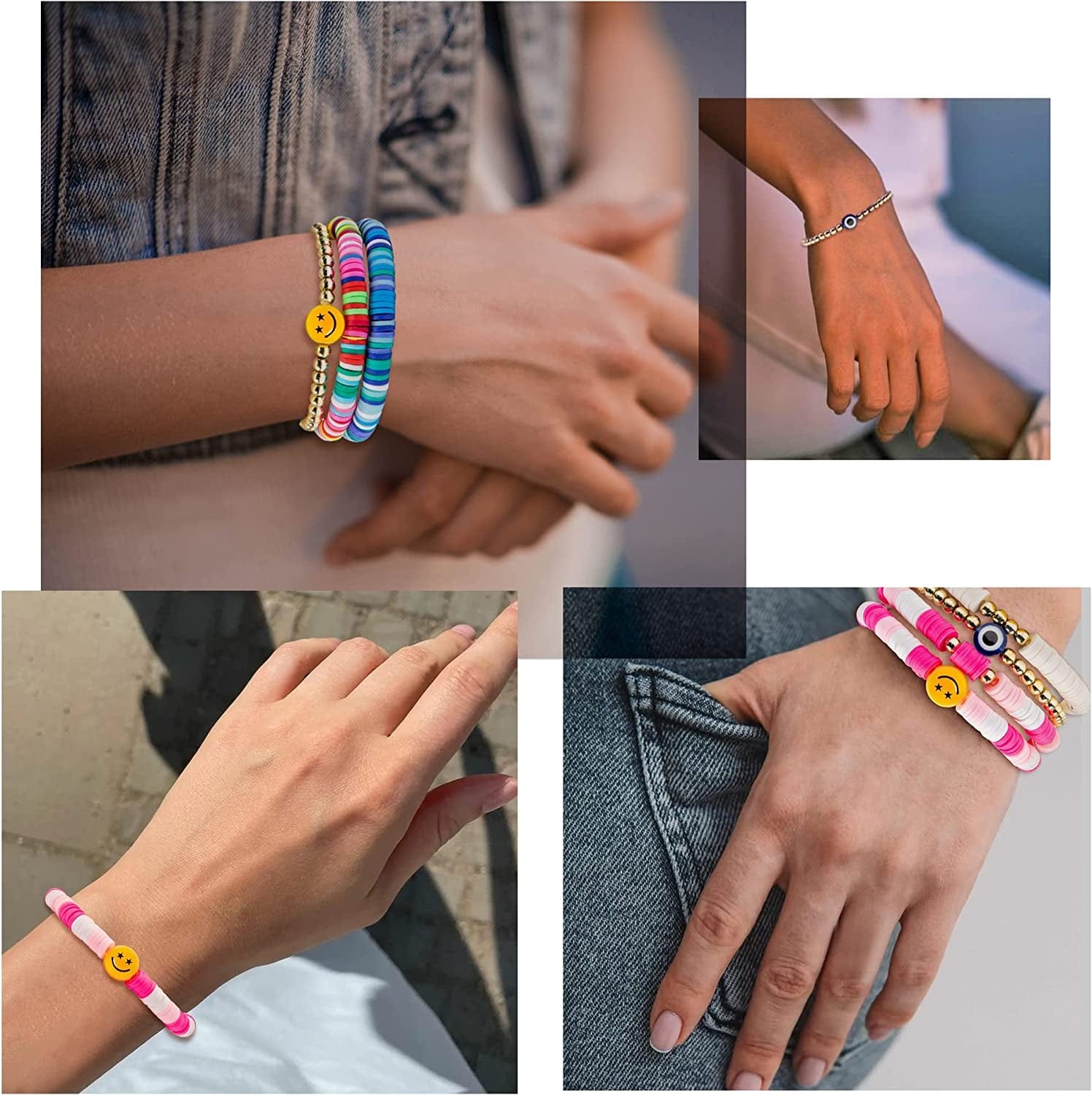 Y1Tvei 7Pcs Heishi Surfer Bracelets Set Colorful Preppy Happy Smile Evil Eye Beaded Stretch Bracelets Clay Stackable Boho Disc Bracelets Y2K Kidcore Aesthetic Summer Beach Jewelry for Women Girls Apparel & Accessories > Jewelry > Bracelets Y1tvei