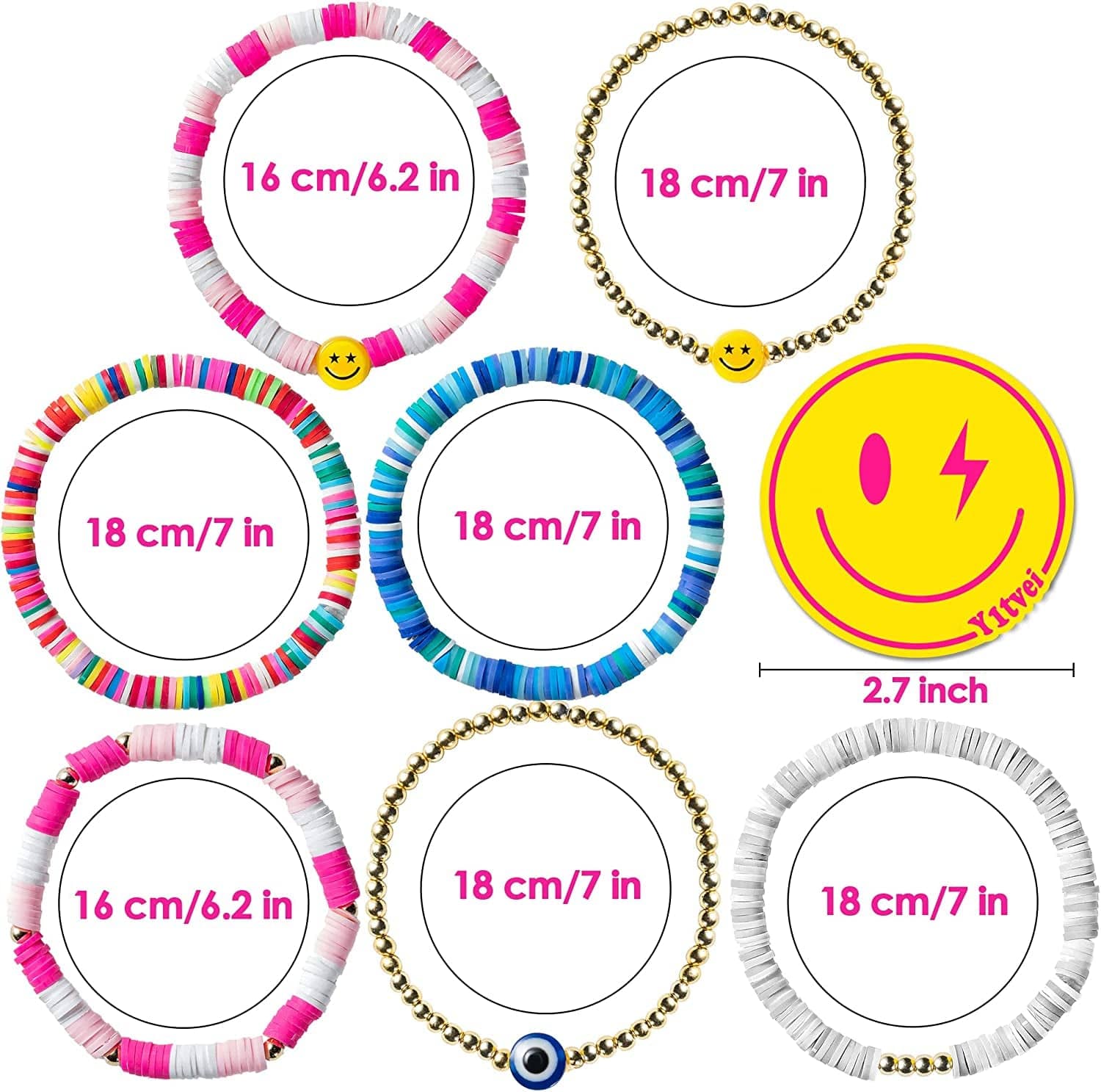 Y1Tvei 7Pcs Heishi Surfer Bracelets Set Colorful Preppy Happy Smile Evil Eye Beaded Stretch Bracelets Clay Stackable Boho Disc Bracelets Y2K Kidcore Aesthetic Summer Beach Jewelry for Women Girls Apparel & Accessories > Jewelry > Bracelets Y1tvei