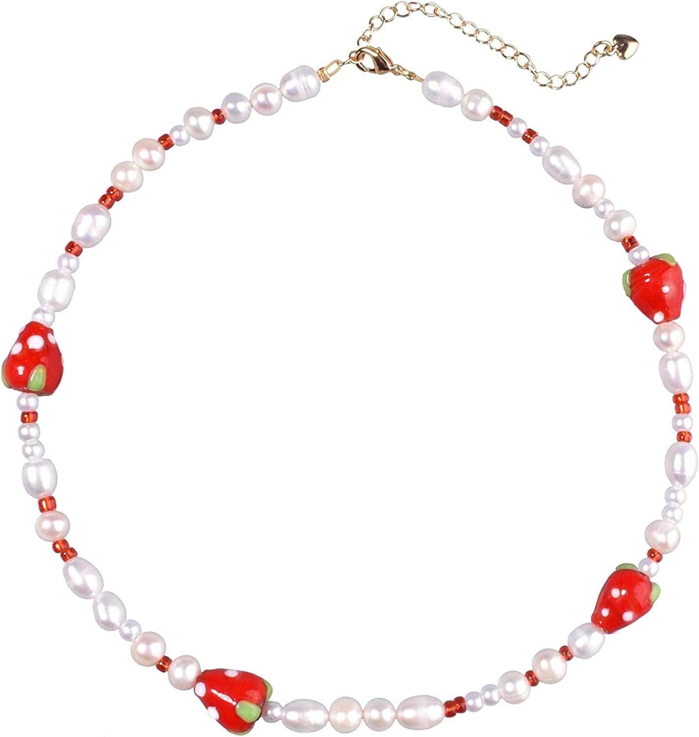 Y2K Natural Freshwater Pearl Beaded Necklace Choker “Fun Flirty” Summer Smiley Face Necklaces for Women Teen Girls Handmade Boho Jewelry Strawberry