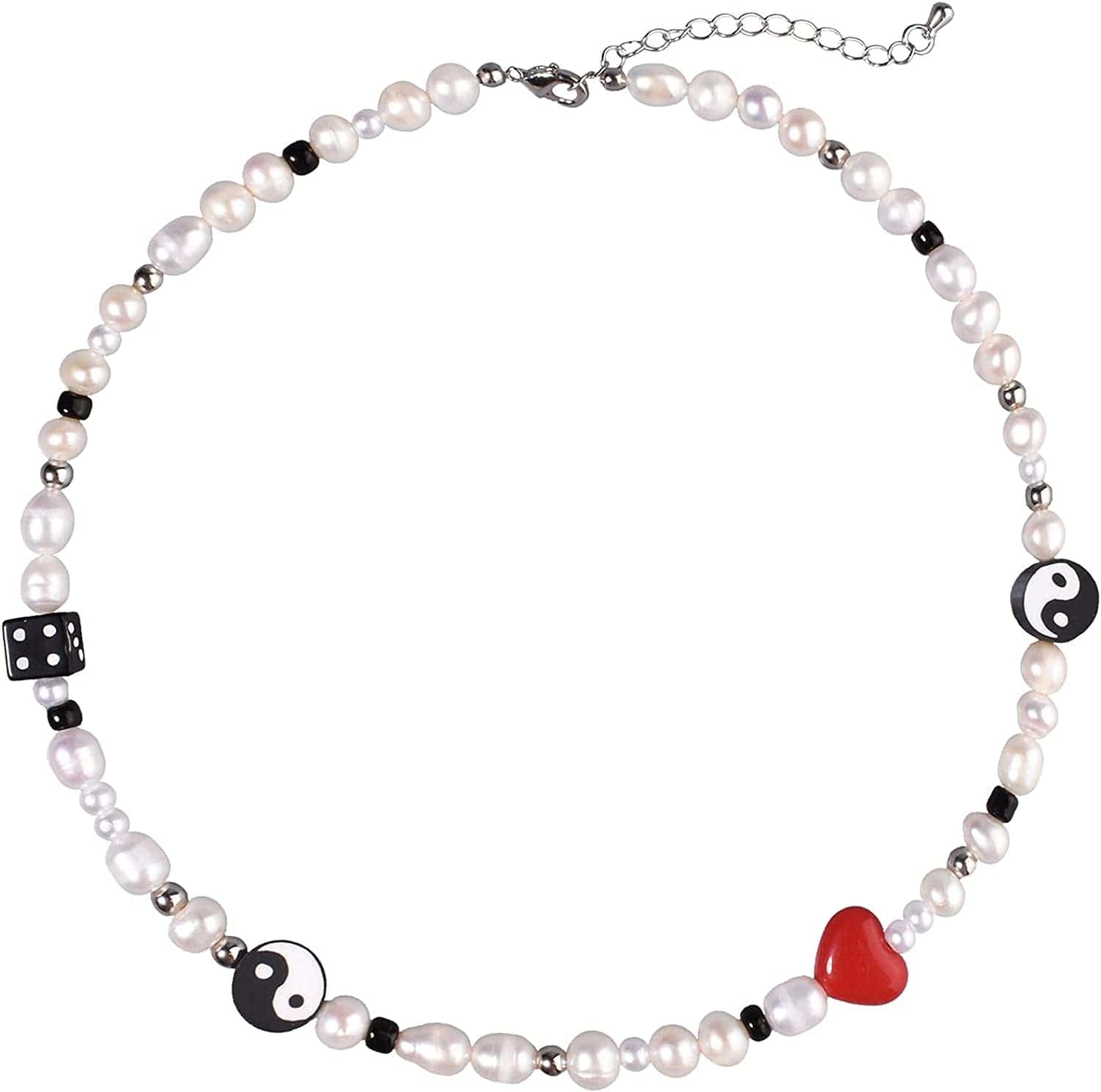 Y2K Natural Freshwater Pearl Beaded Necklace Choker “Fun Flirty” Summer Smiley Face Necklaces for Women Teen Girls Handmade Boho Jewelry Black and White