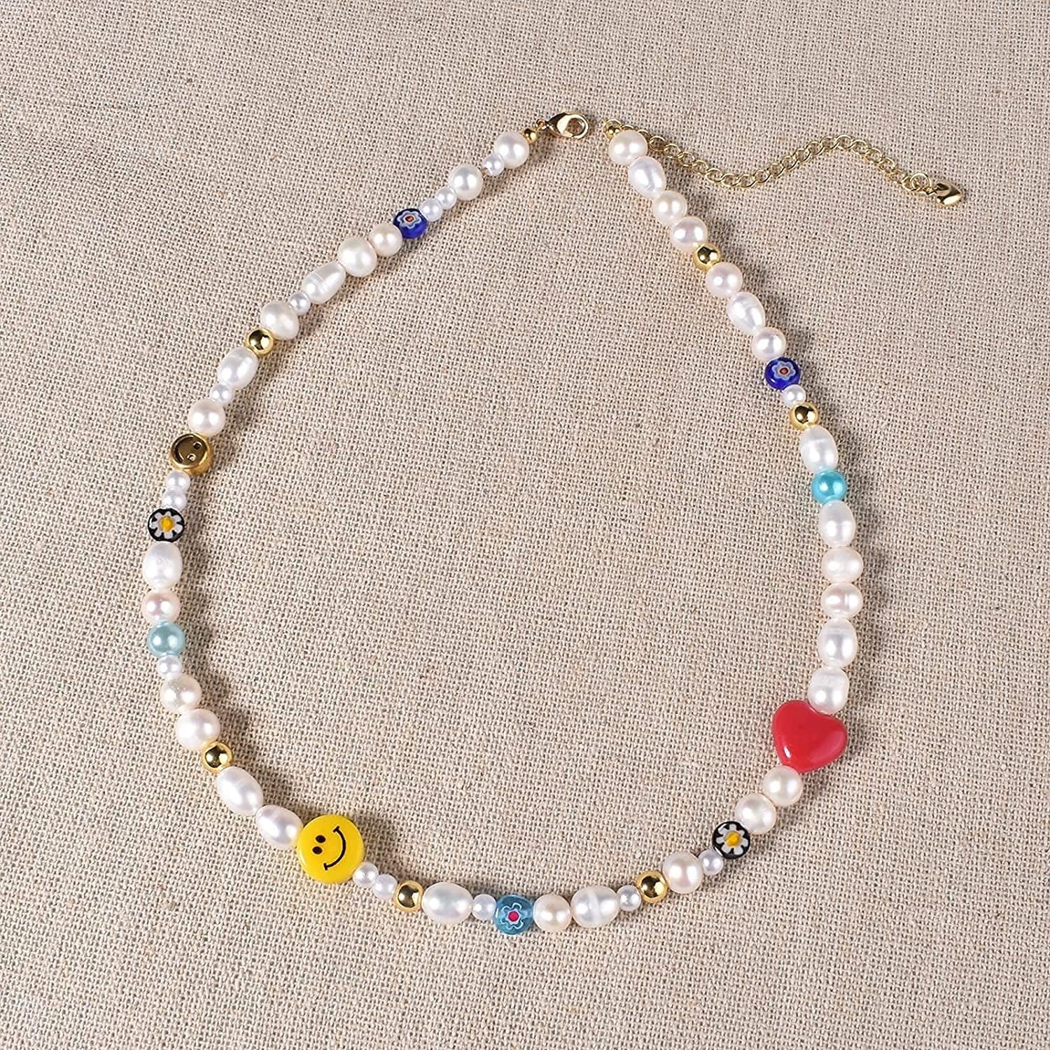 Y2K Natural Freshwater Pearl Beaded Necklace Choker “Fun Flirty” Summer Smiley Face Necklaces for Women Teen Girls Handmade Boho Jewelry