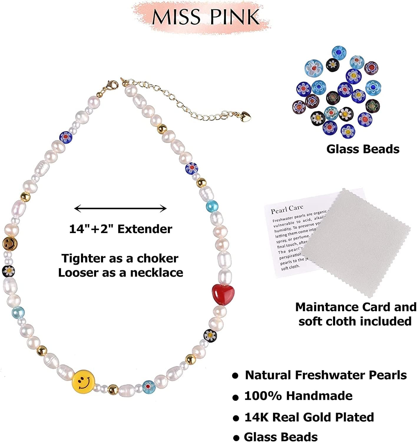 Y2K Natural Freshwater Pearl Beaded Necklace Choker “Fun Flirty” Summer Smiley Face Necklaces for Women Teen Girls Handmade Boho Jewelry