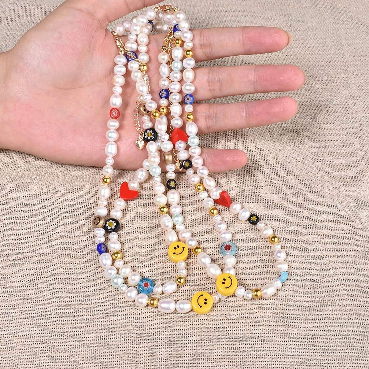 Y2K Natural Freshwater Pearl Beaded Necklace Choker “Fun Flirty” Summer Smiley Face Necklaces for Women Teen Girls Handmade Boho Jewelry