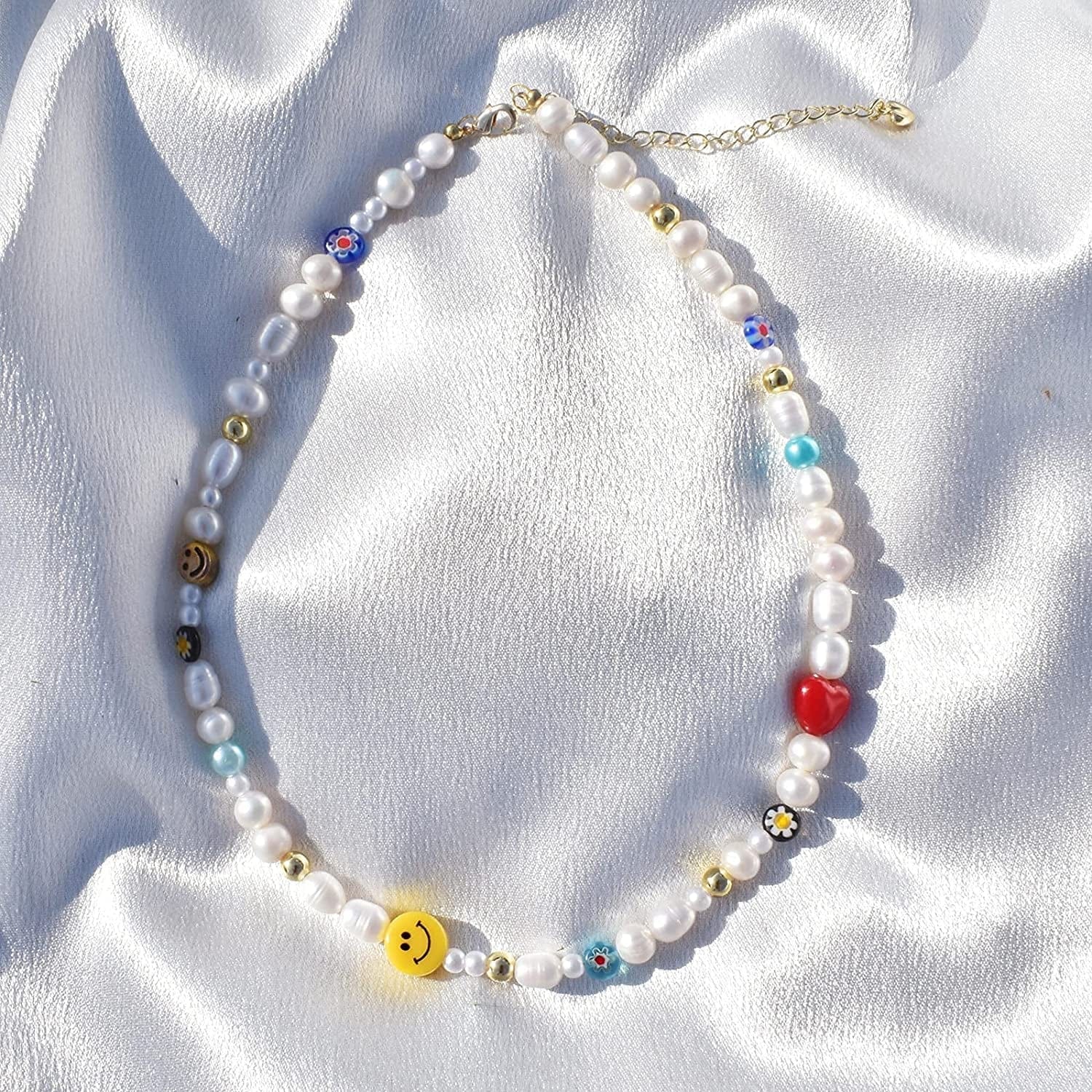 Y2K Natural Freshwater Pearl Beaded Necklace Choker “Fun Flirty” Summer Smiley Face Necklaces for Women Teen Girls Handmade Boho Jewelry