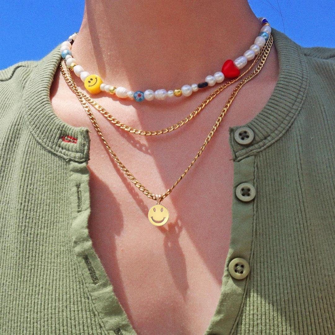 Y2K Natural Freshwater Pearl Beaded Necklace Choker “Fun Flirty” Summer Smiley Face Necklaces for Women Teen Girls Handmade Boho Jewelry