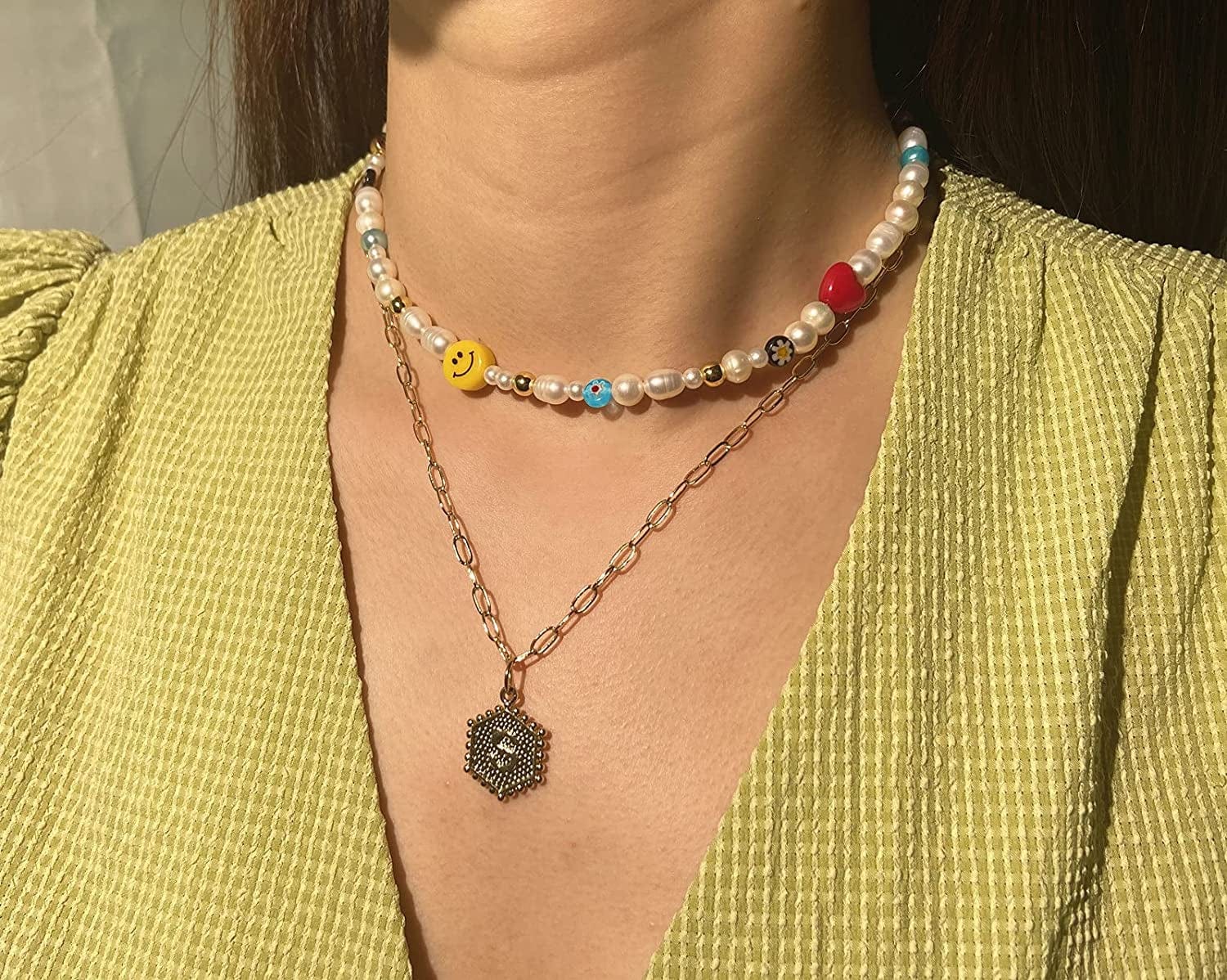 Y2K Natural Freshwater Pearl Beaded Necklace Choker “Fun Flirty” Summer Smiley Face Necklaces for Women Teen Girls Handmade Boho Jewelry