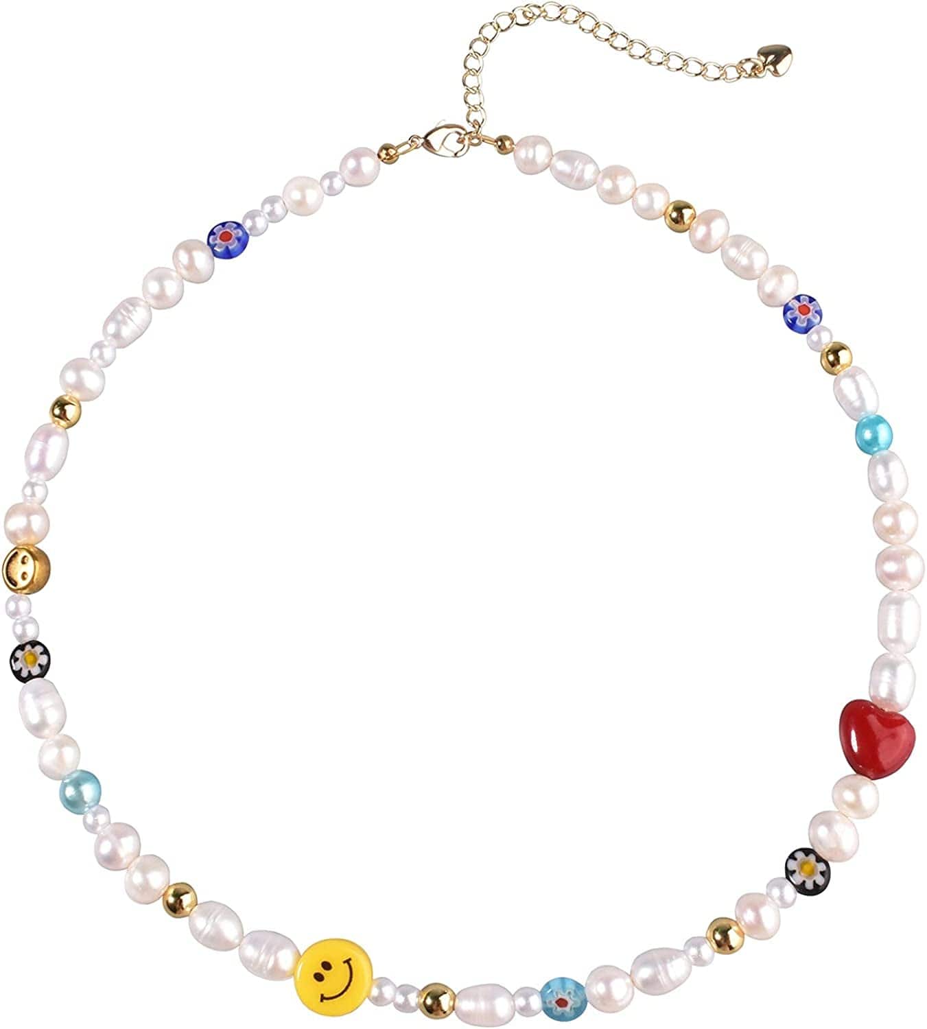 Y2K Natural Freshwater Pearl Beaded Necklace Choker “Fun Flirty” Summer Smiley Face Necklaces for Women Teen Girls Handmade Boho Jewelry Fun Flirt