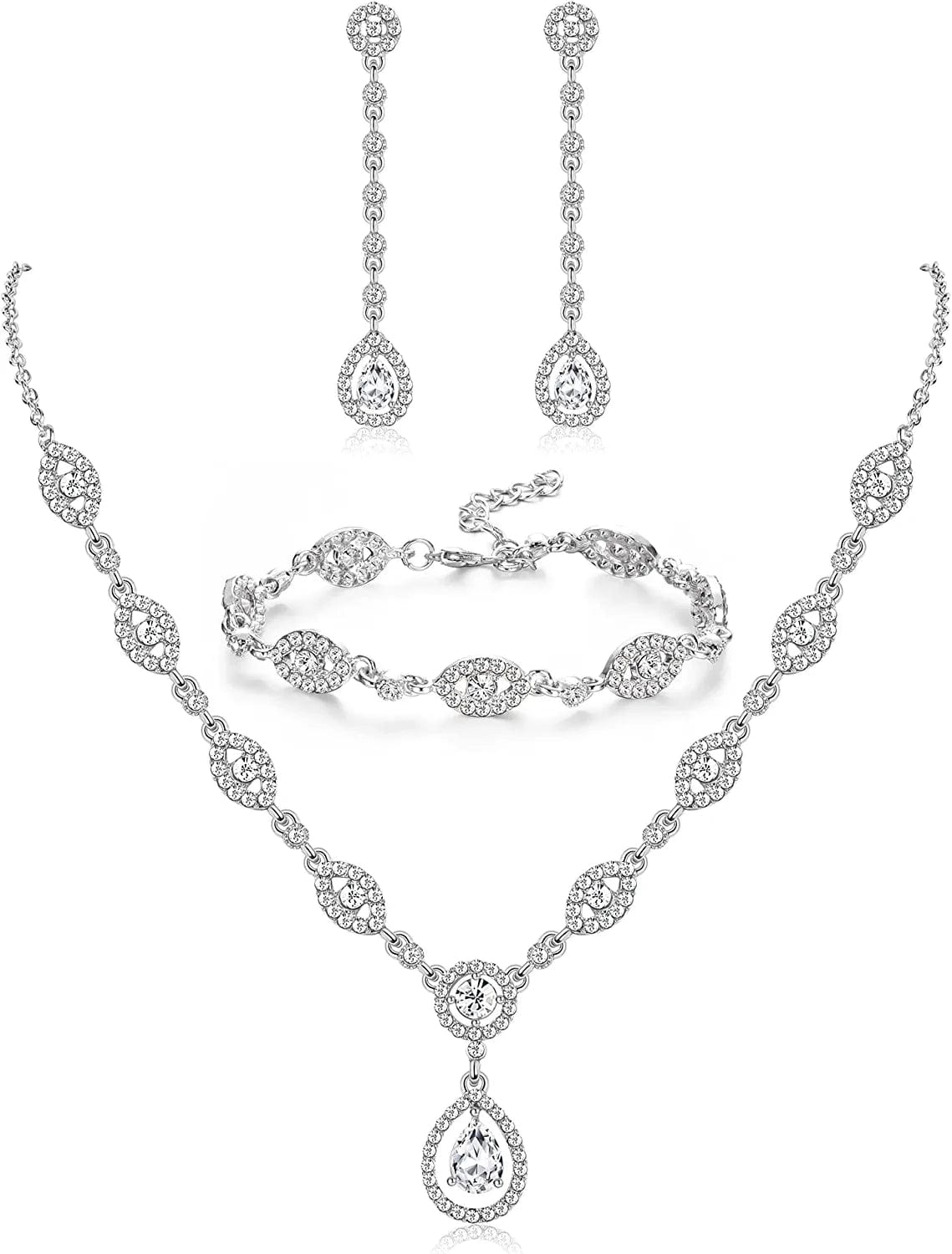 YADOCA Wedding Bridal Jewelry Set for Women Silver Prom Costume Jewelry Sets Rhinestone Crystal Teardrop Necklace Earrings Bracelet Bridesmaid Jewelry Accessories Blue Silver Red Rose Gold B:SILVER