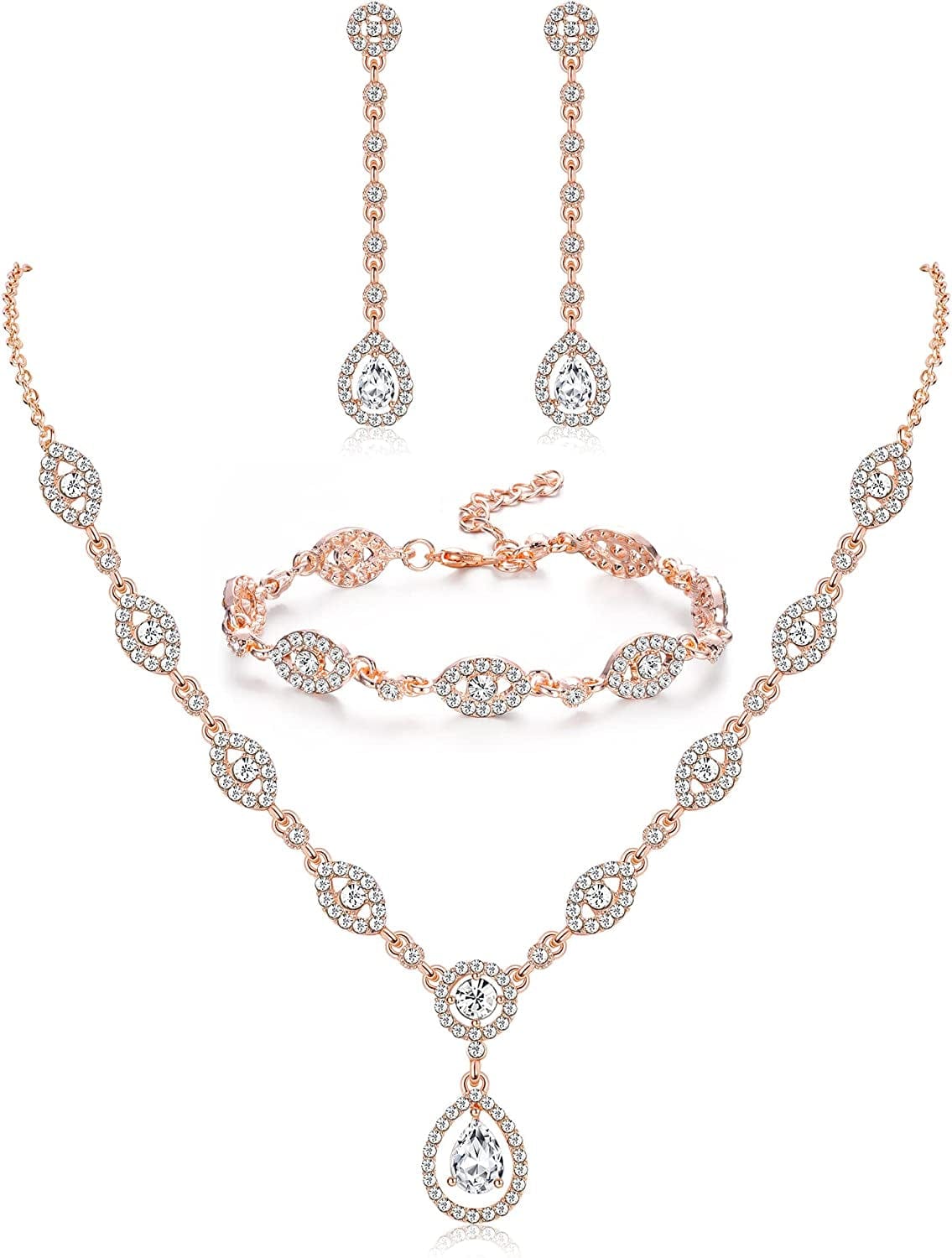 YADOCA Wedding Bridal Jewelry Set for Women Silver Prom Costume Jewelry Sets Rhinestone Crystal Teardrop Necklace Earrings Bracelet Bridesmaid Jewelry Accessories Blue Silver Red Rose Gold D:ROSE GOLD
