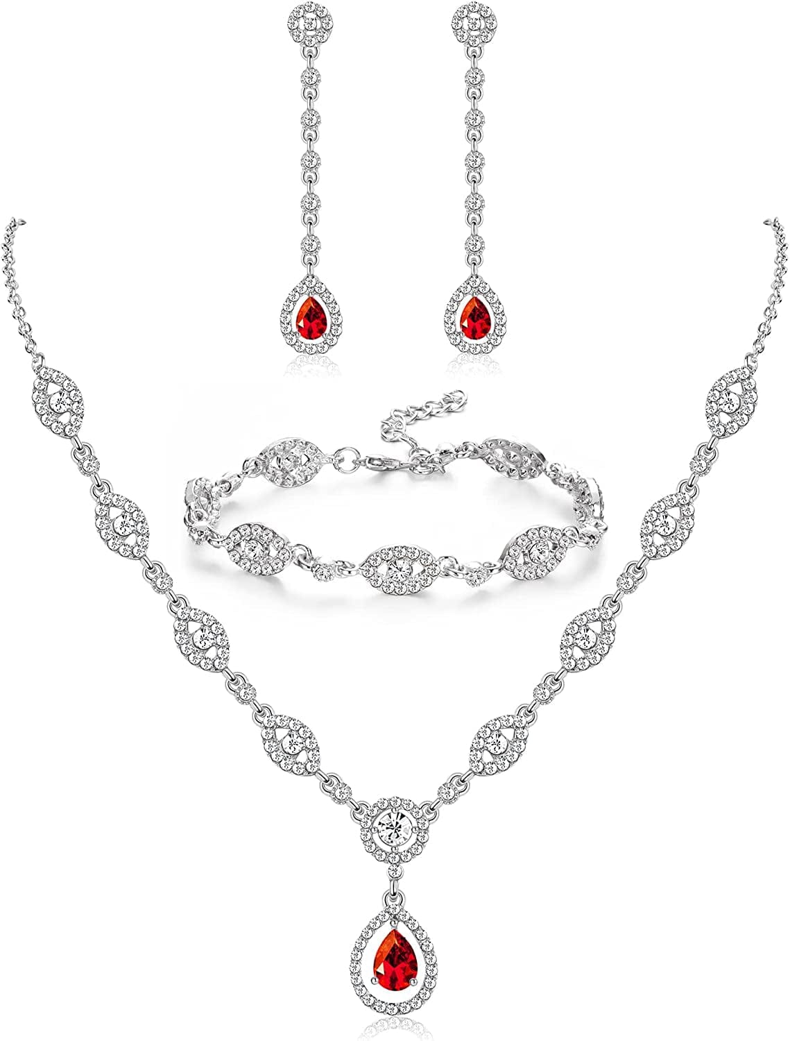 YADOCA Wedding Bridal Jewelry Set for Women Silver Prom Costume Jewelry Sets Rhinestone Crystal Teardrop Necklace Earrings Bracelet Bridesmaid Jewelry Accessories Blue Silver Red Rose Gold C:RED