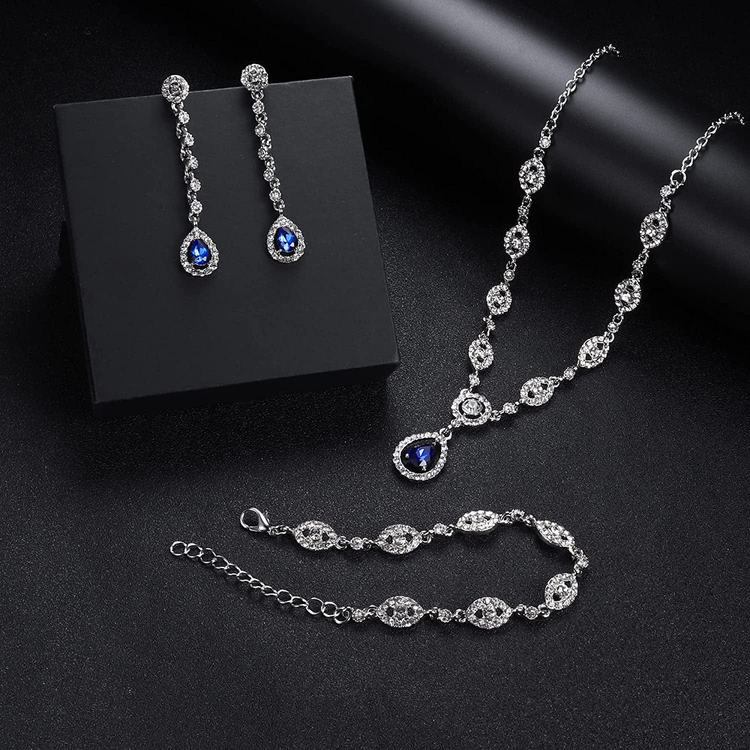 YADOCA Wedding Bridal Jewelry Set for Women Silver Prom Costume Jewelry Sets Rhinestone Crystal Teardrop Necklace Earrings Bracelet Bridesmaid Jewelry Accessories Blue Silver Red Rose Gold